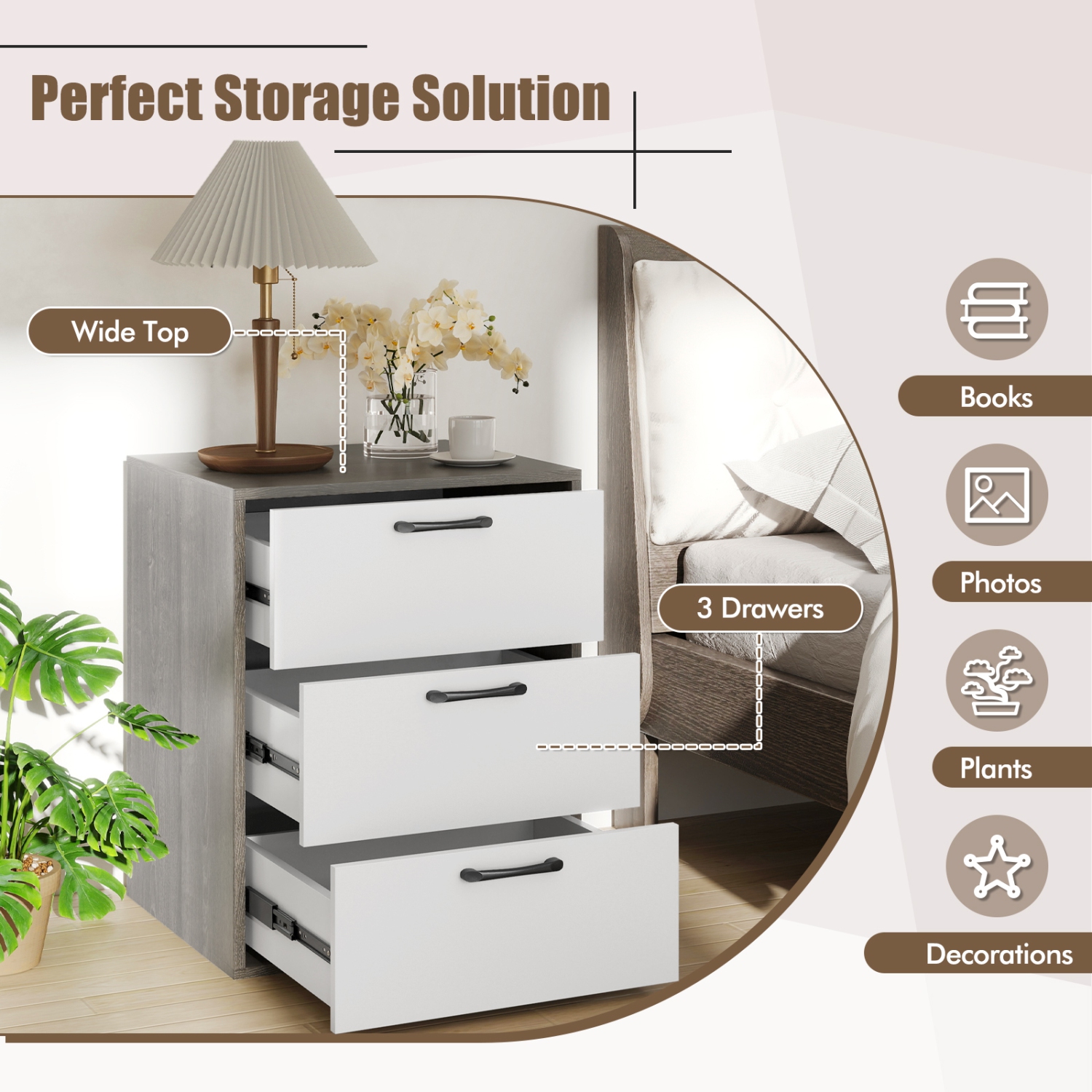Commode de table de chevet moderne avec 3 tiroirs coulissants pour le rangement dans la chambre à coucher