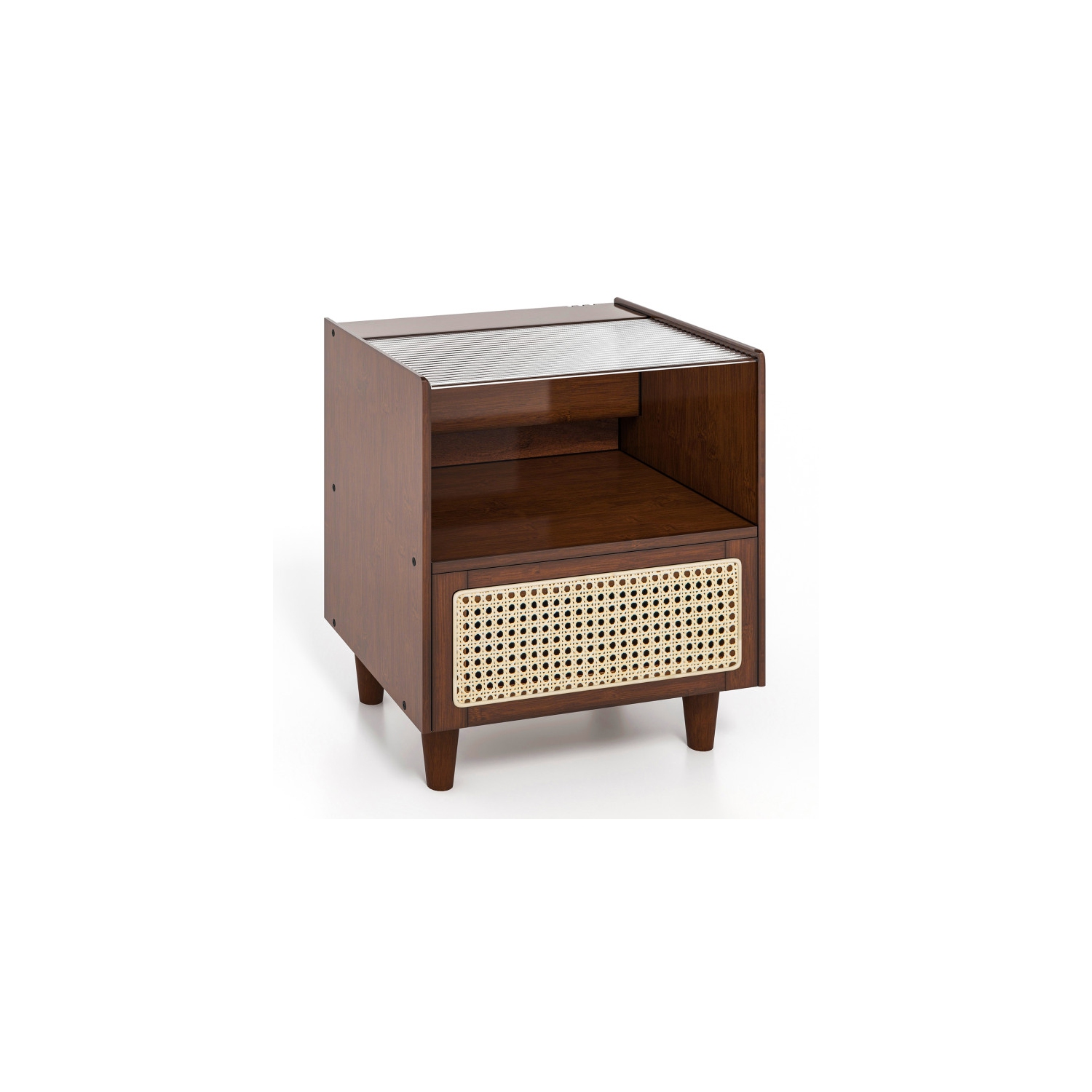 Table de chevet en bois avec tiroir avant en rotin et pattes solides pour le décor côtier