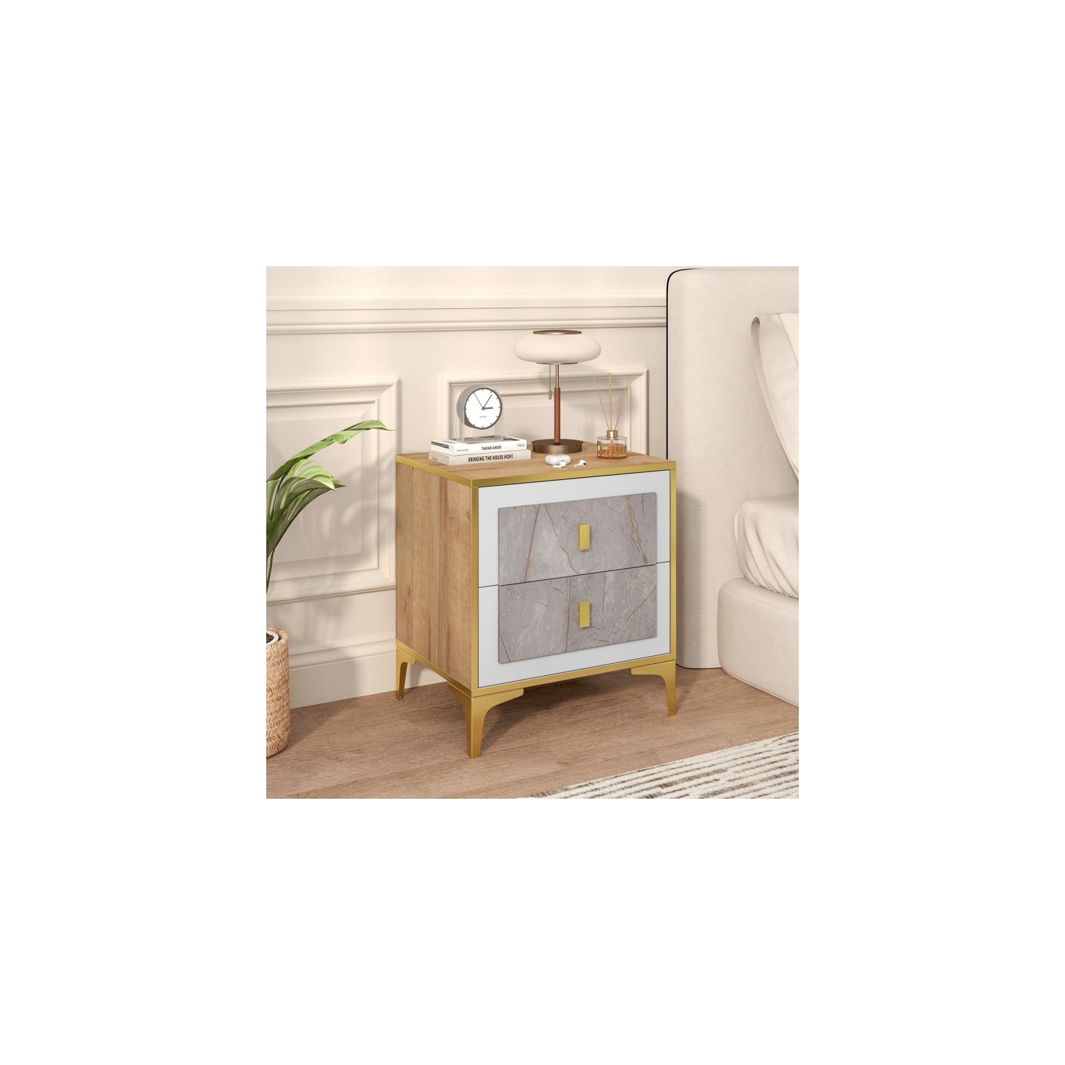 Table de chevet moderne – 2 tiroirs coulissants pour le rangement latéral d'une chambre ou d'un canapé