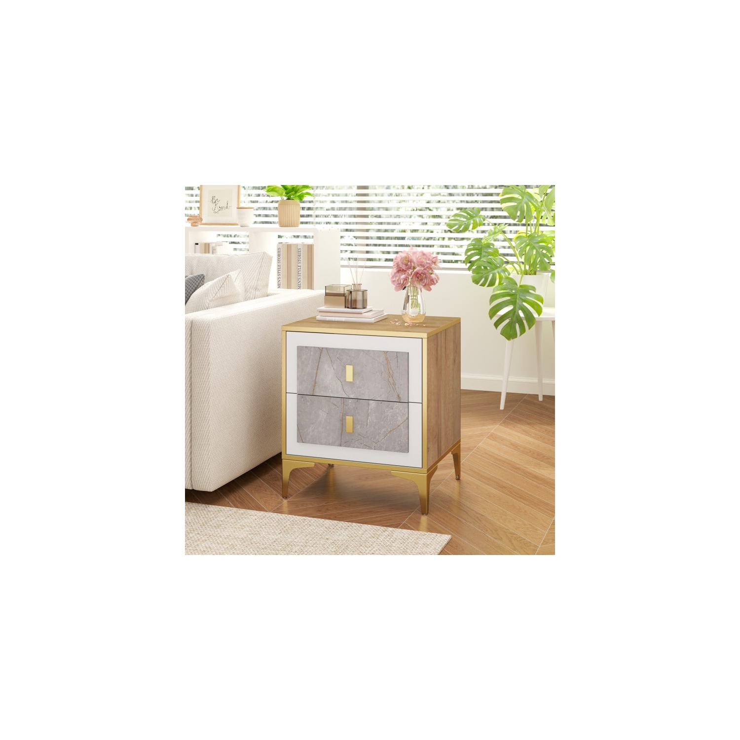 Table de chevet moderne – 2 tiroirs coulissants pour le rangement latéral d'une chambre ou d'un canapé