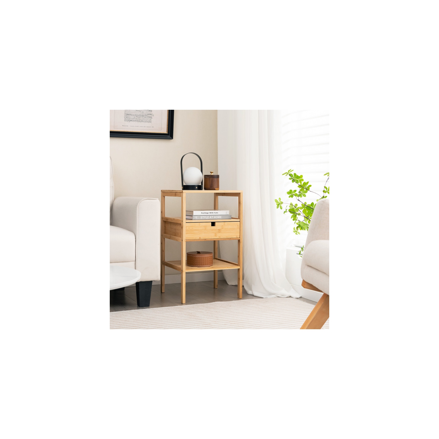 Table de chevet avec tiroir de rangement et tablette à lattes pour la chambre ou le salon