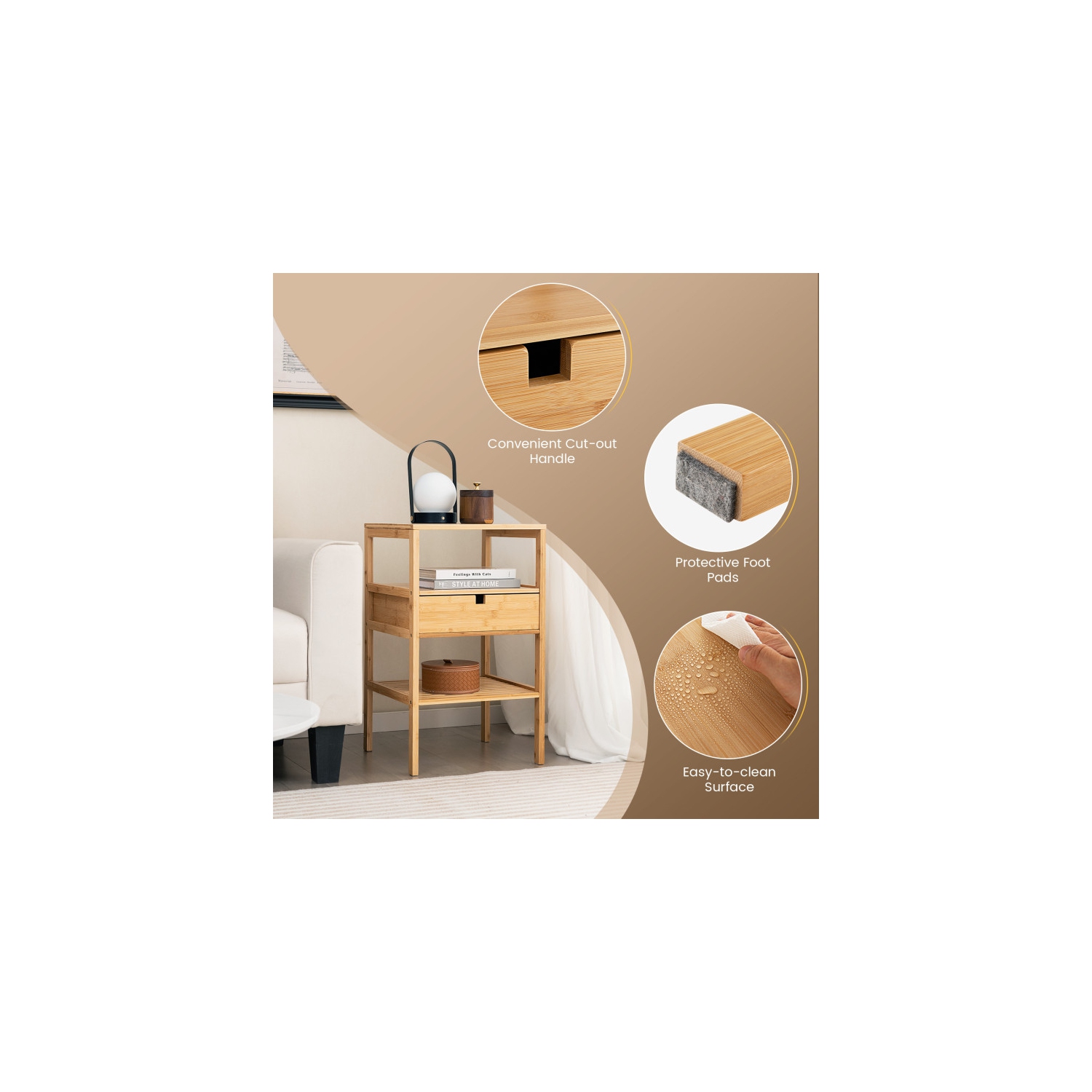 Table de chevet avec tiroir de rangement et tablette à lattes pour la chambre ou le salon