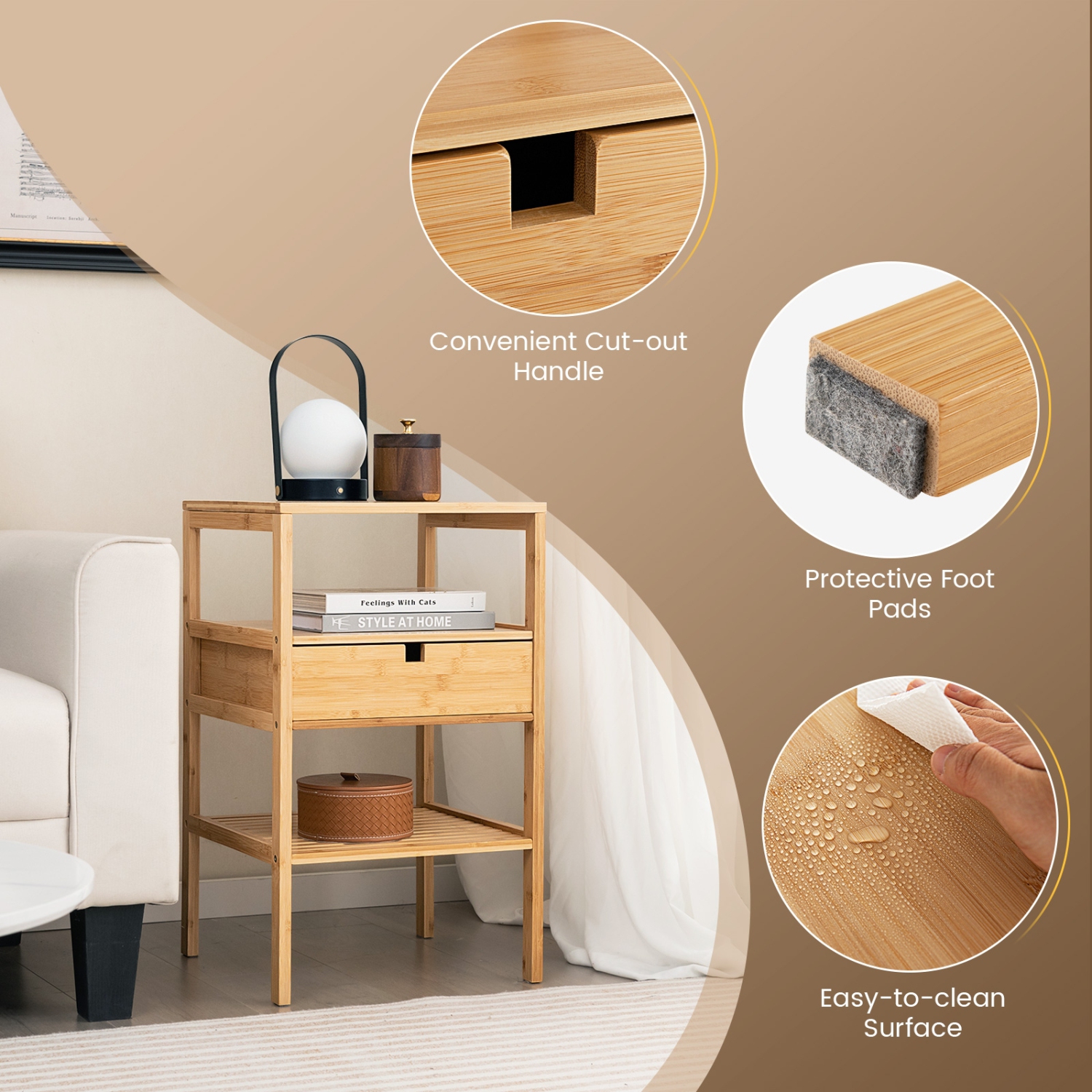 Table de chevet avec tiroir de rangement et tablette à lattes pour la chambre ou le salon