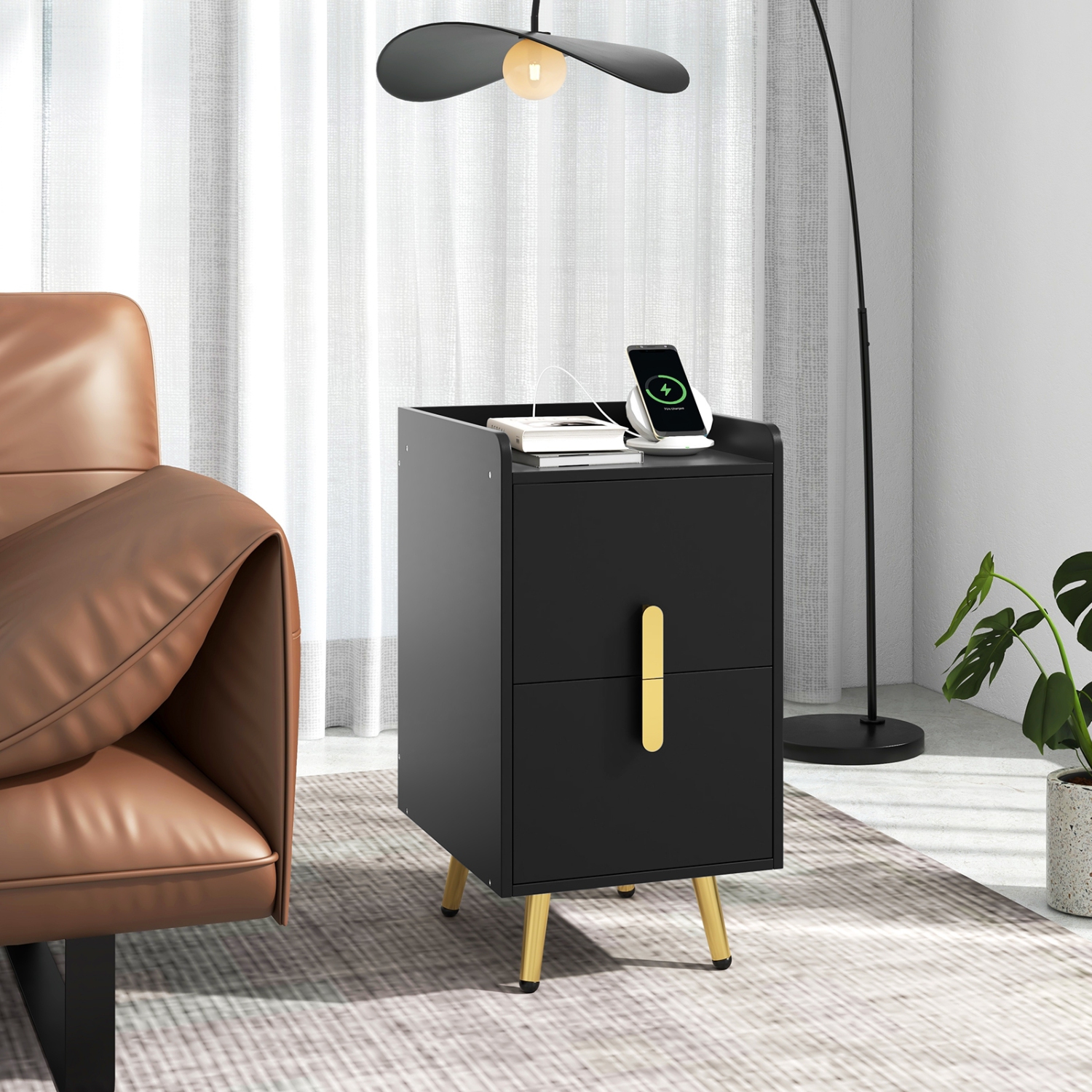Nightstand with 2 Drawers and USB Ports for Bedroom or Living Room Use