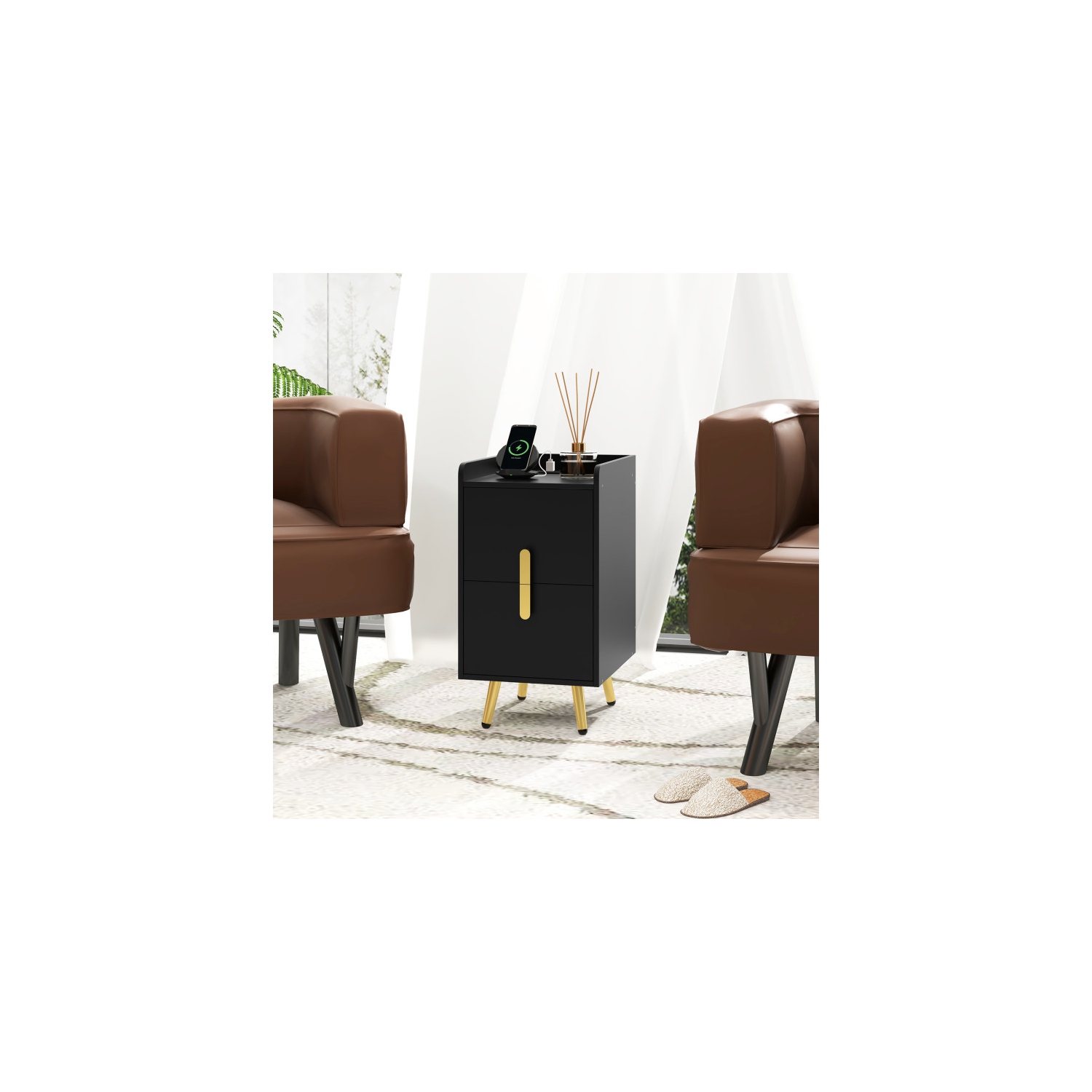 Nightstand with 2 Drawers and USB Ports for Bedroom or Living Room Use