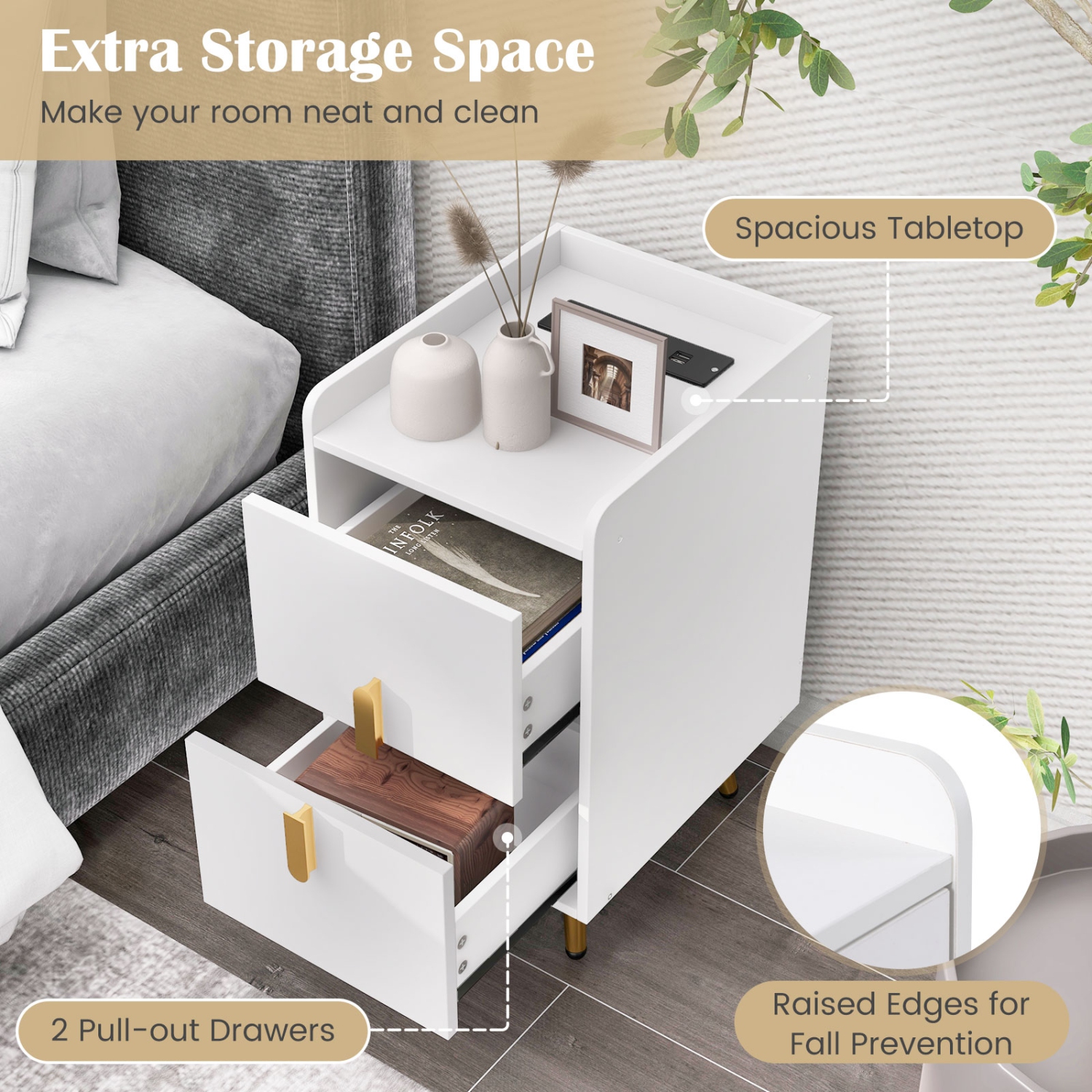 Table de chevet avec 2 tiroirs et ports USB pour la chambre ou le salon