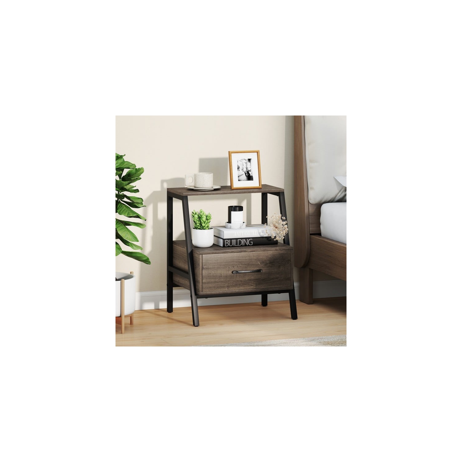 Table de chevet champêtre – Table de chevet à 3 niveaux avec espace de rangement ouvert