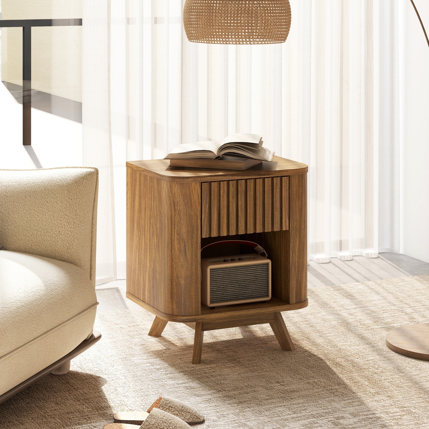 Table de chevet moderne à 2 niveaux avec tiroir et tablette ouverte pour rangement dans la chambre à coucher