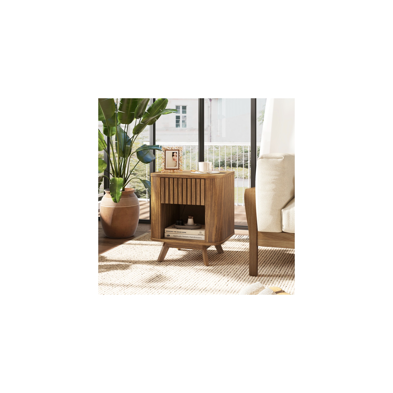 Table de chevet moderne à 2 niveaux avec tiroir et tablette ouverte pour rangement dans la chambre à coucher