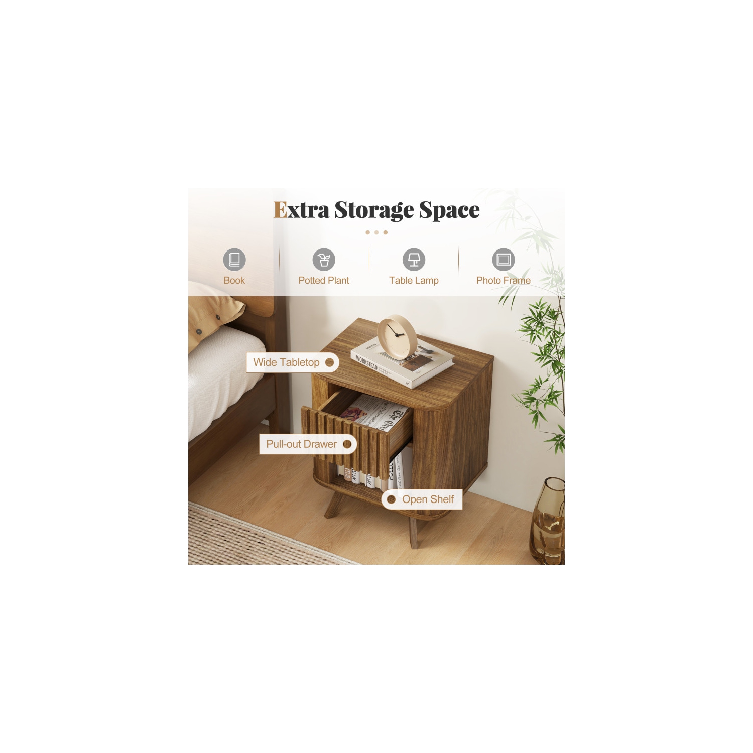 Table de chevet moderne à 2 niveaux avec tiroir et tablette ouverte pour rangement dans la chambre à coucher