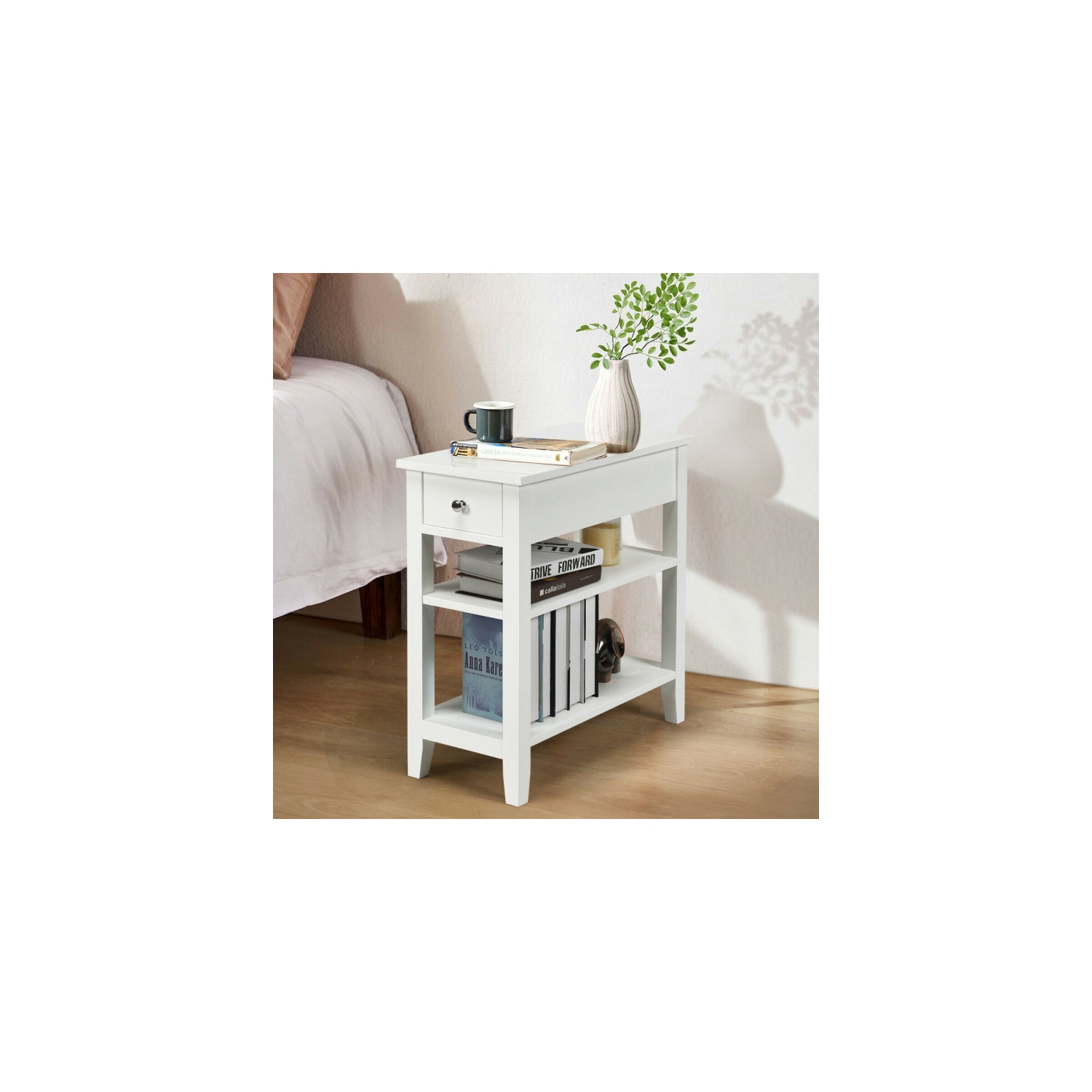 Table de chevet moderne à 3 niveaux – Table de chevet avec tiroir et 2 tablettes de rangement