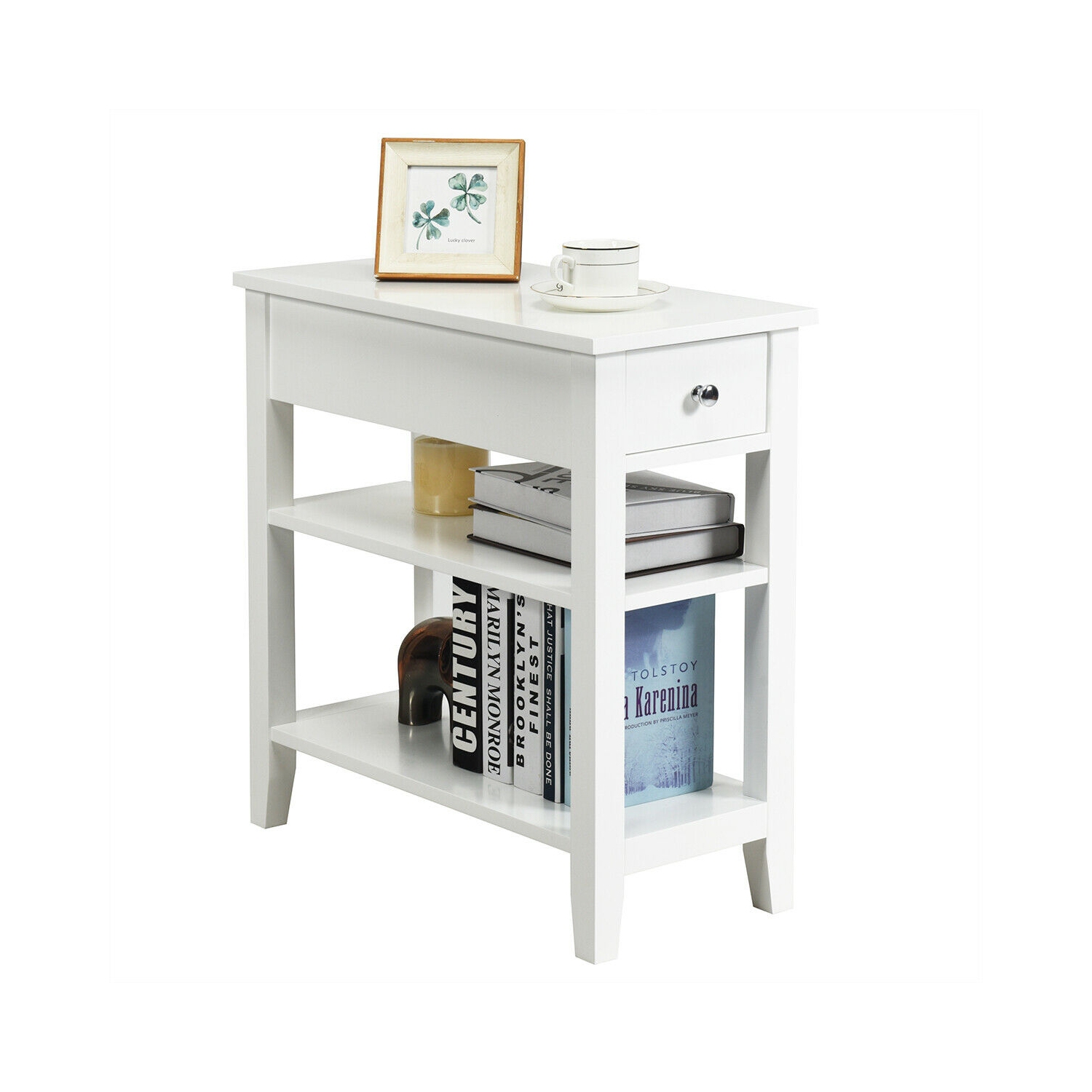 Table de chevet moderne à 3 niveaux – Table de chevet avec tiroir et 2 tablettes de rangement