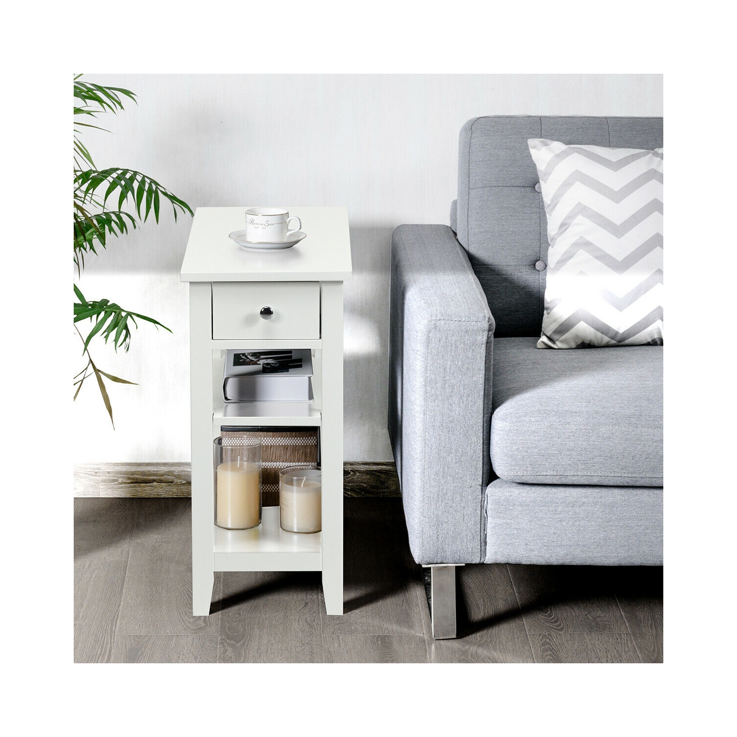 Table de chevet moderne à 3 niveaux – Table de chevet avec tiroir et 2 tablettes de rangement