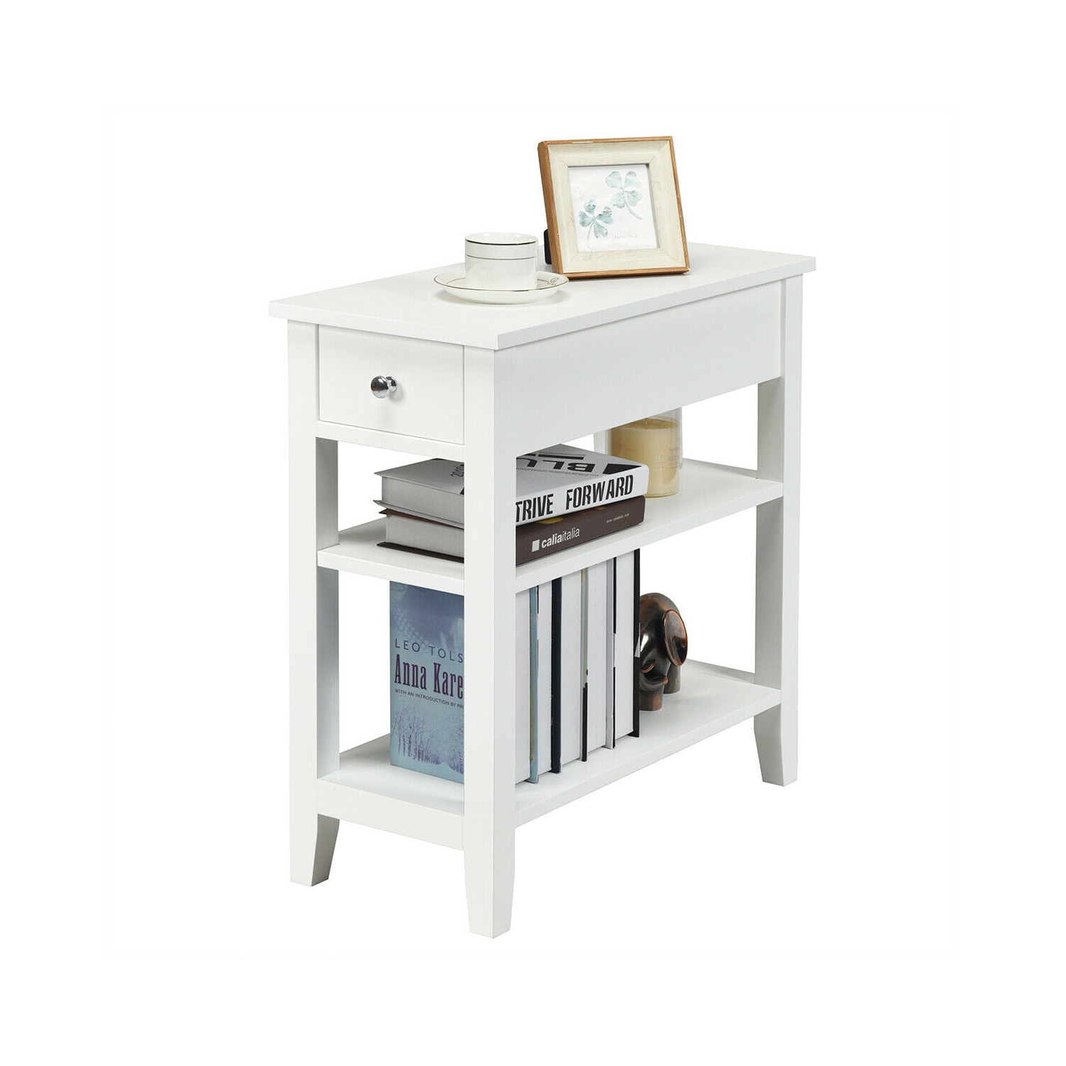 Table de chevet moderne à 3 niveaux – Table de chevet avec tiroir et 2 tablettes de rangement