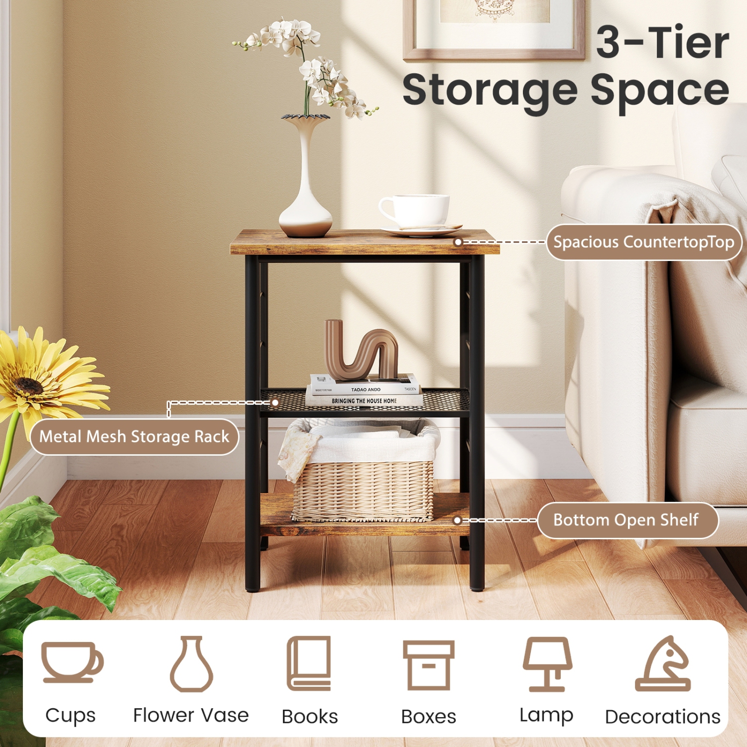 Table de bout à 3 niveaux Table de chevet compacte Table de chevet industrielle pour la chambre à coucher