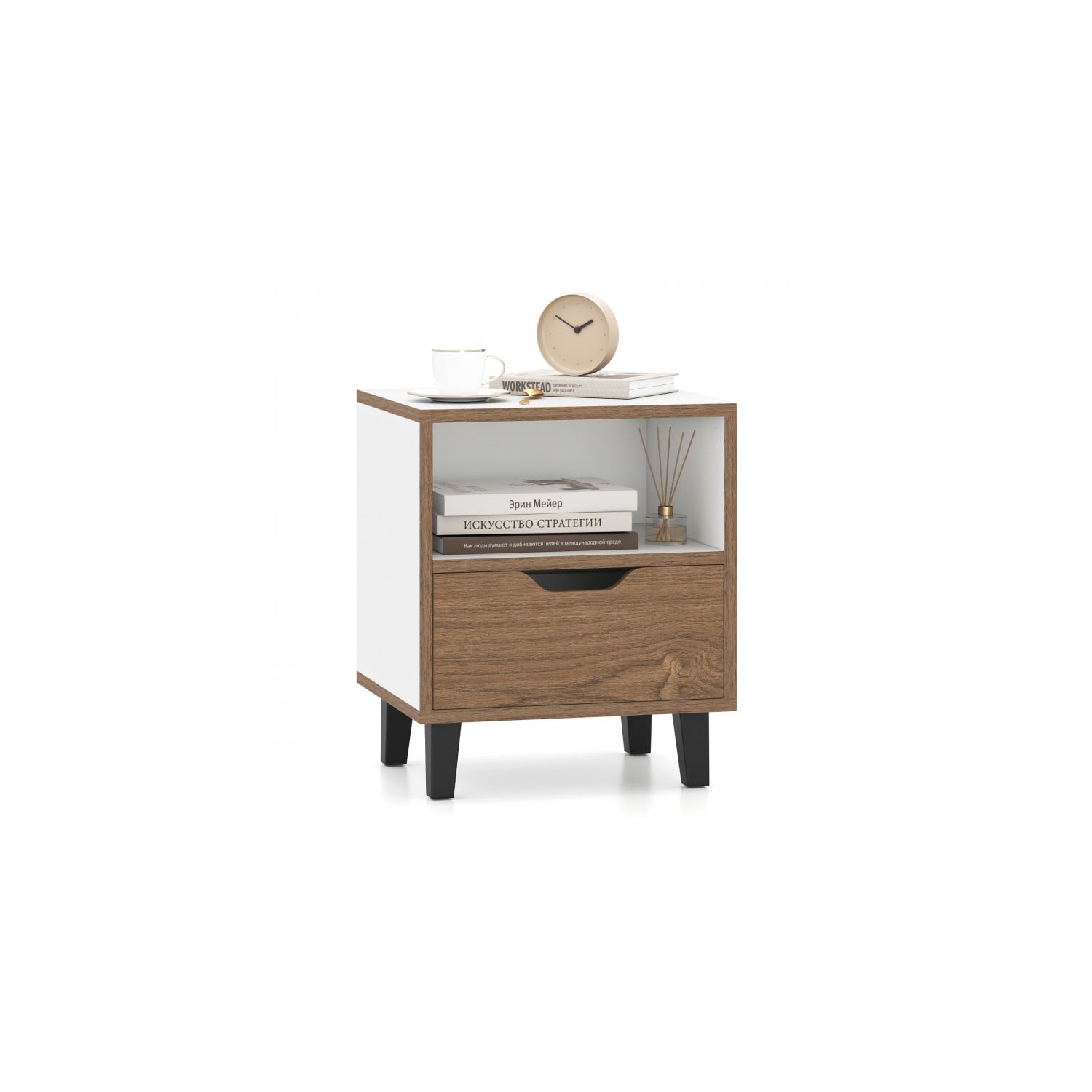 Table de chevet avec tiroir et tablette de rangement ouverte pour chambre à coucher