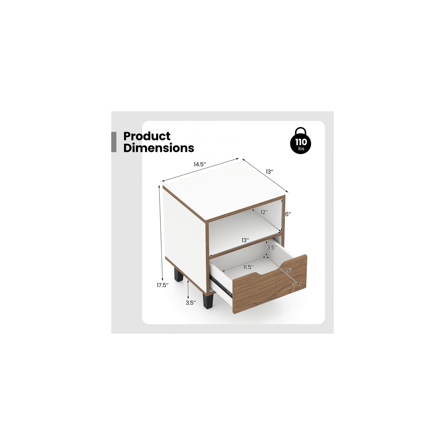 Table de chevet avec tiroir et tablette de rangement ouverte pour chambre à coucher