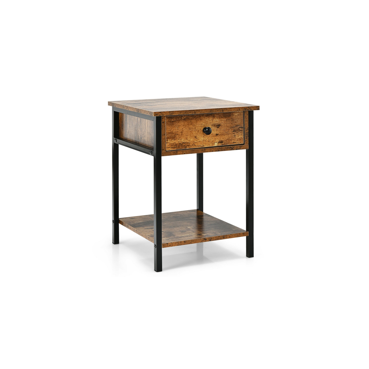 Table de chevet industrielle – Petite table de chevet avec tiroir et espace de rangement ouvert pour le salon