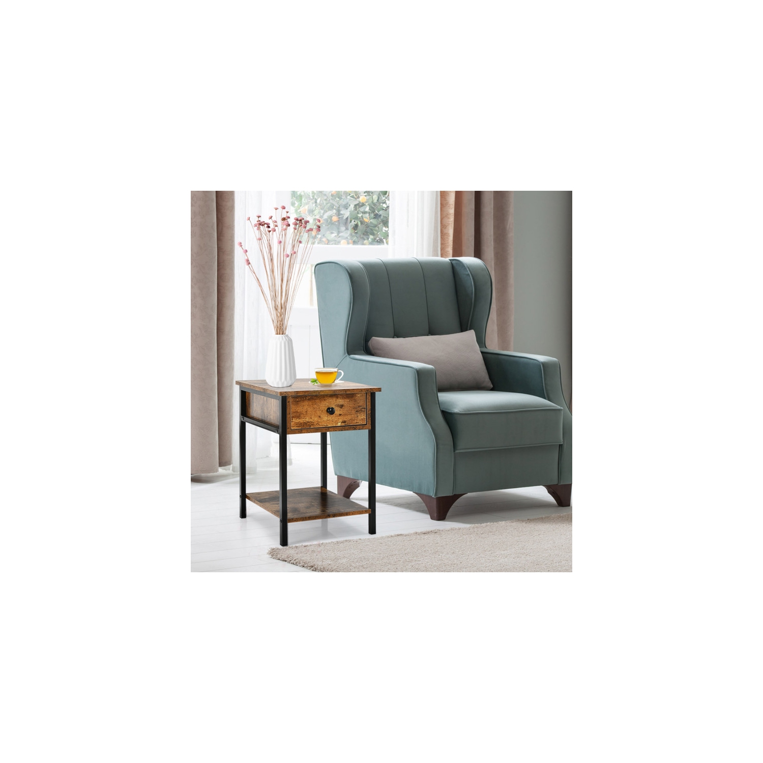 Table de chevet industrielle – Petite table de chevet avec tiroir et espace de rangement ouvert pour le salon