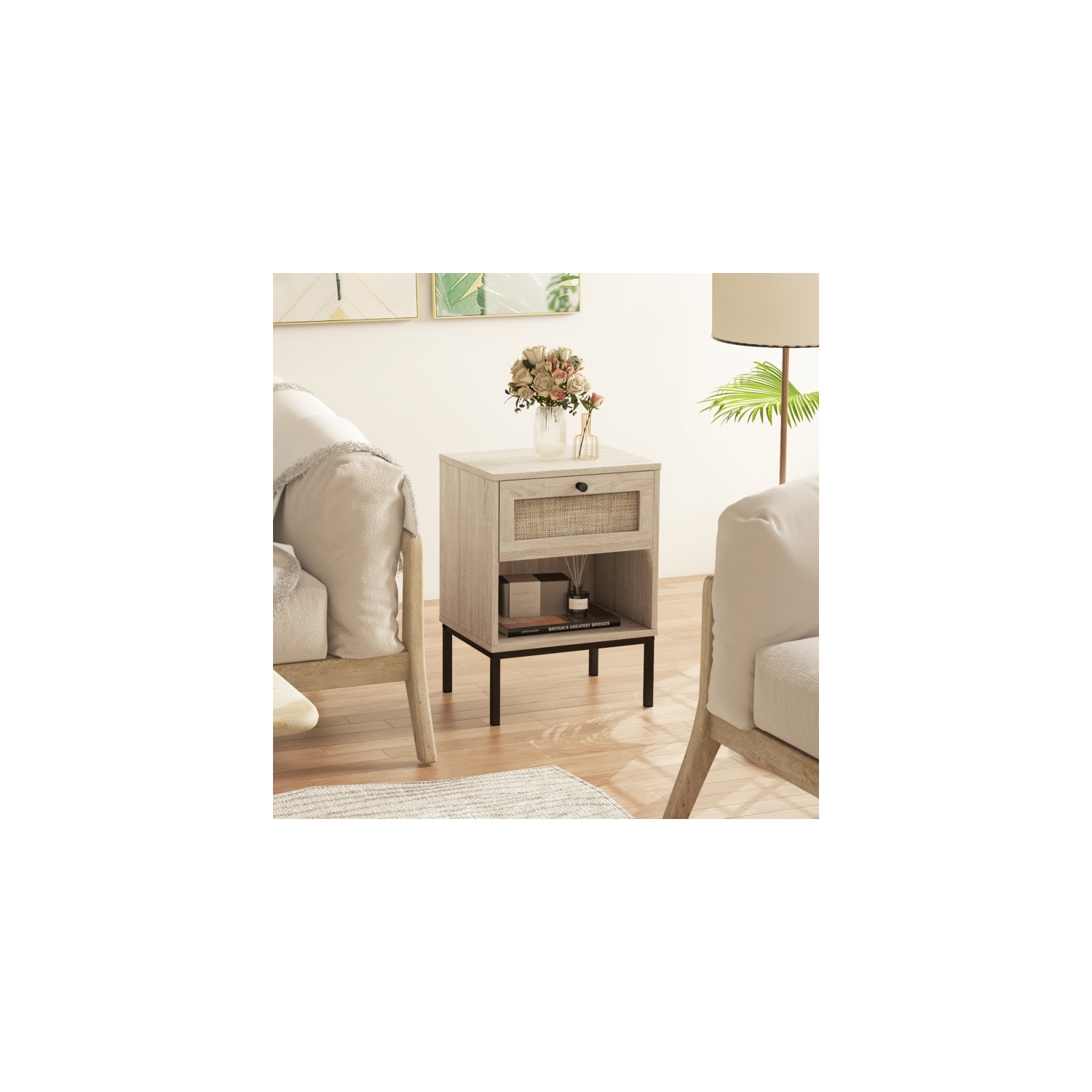 Table de chevet en rotin avec tiroir et tablette ouverte pour chambre ou salon