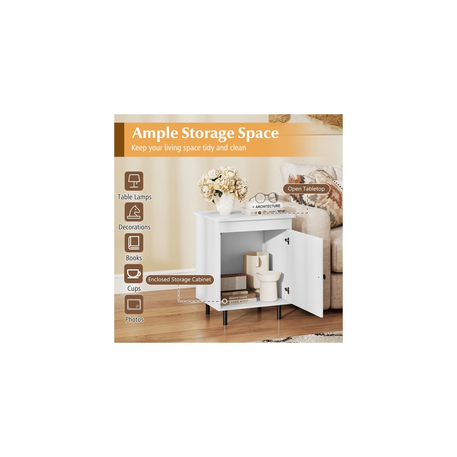 Table de bout du milieu du siècle – Table de chevet avec porte d'armoire et tablette intérieure