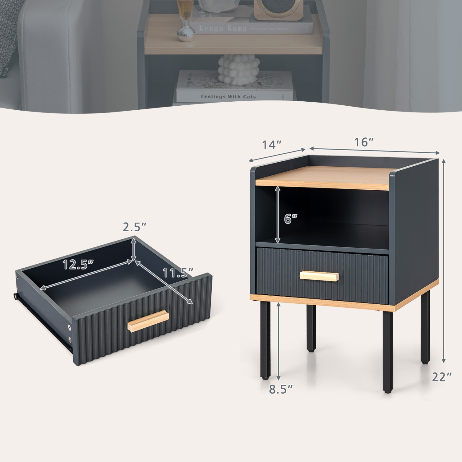 Table de chevet compacte avec tablette ouverte et tiroir pour le salon ou la chambre à coucher