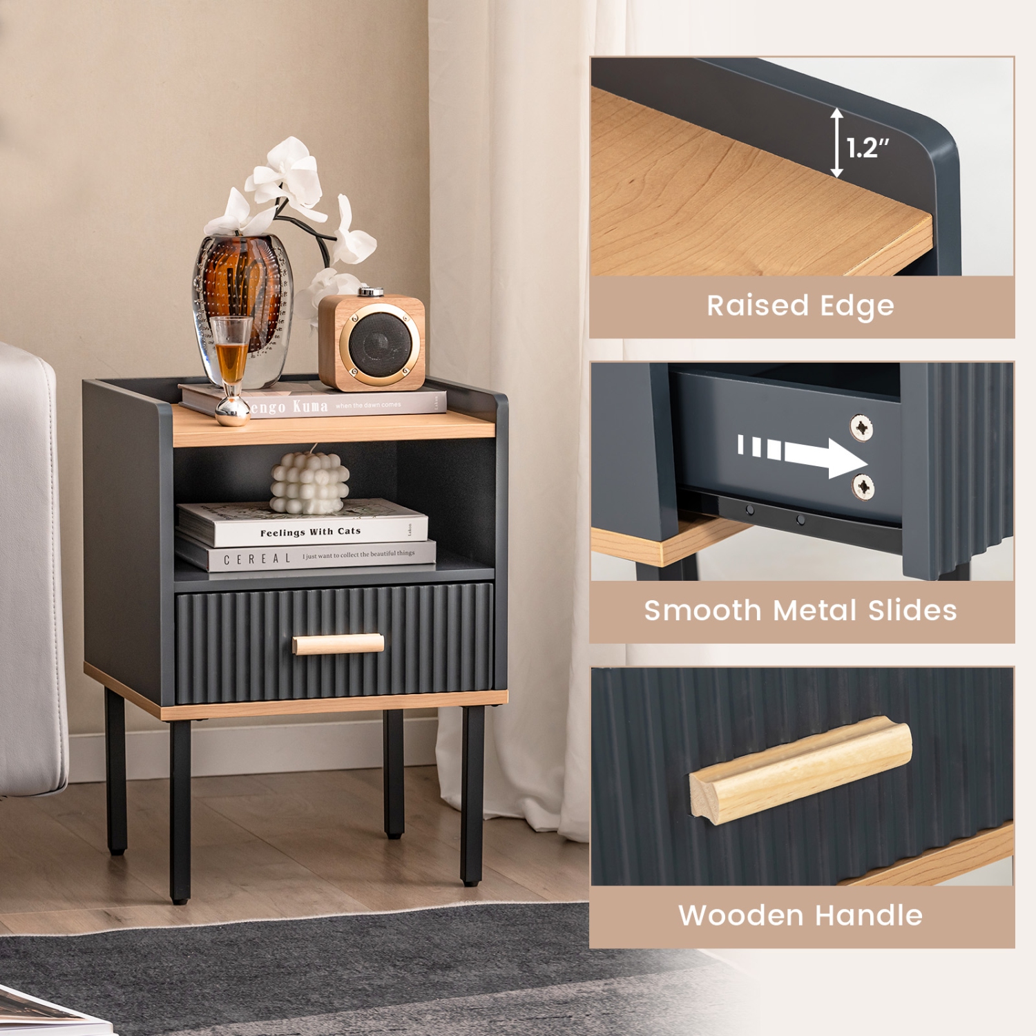 Table de chevet compacte avec tablette ouverte et tiroir pour le salon ou la chambre à coucher