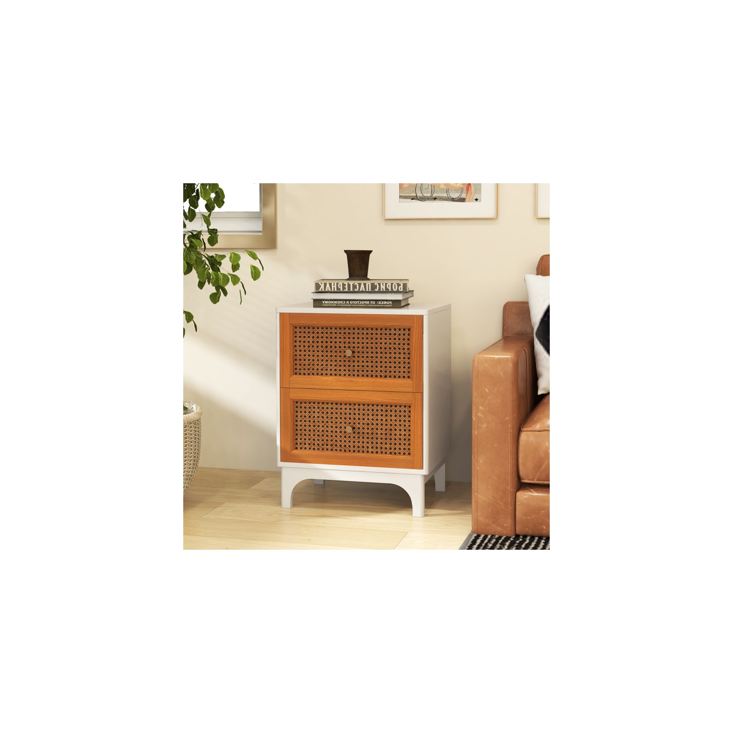Table de chevet avec 2 tiroirs en rotin tressé à la main pour la chambre ou le salon