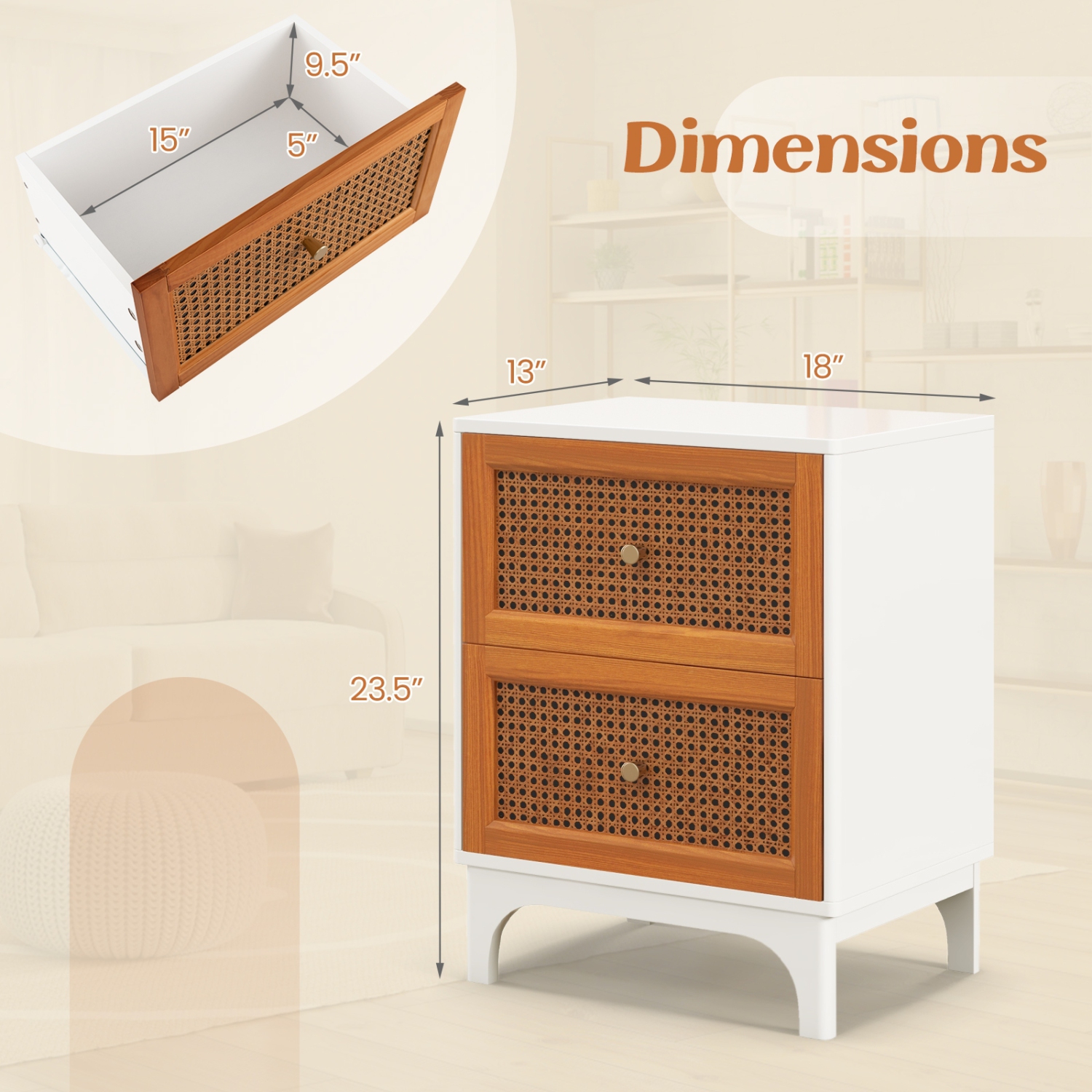 Table de chevet avec 2 tiroirs en rotin tressé à la main pour la chambre ou le salon