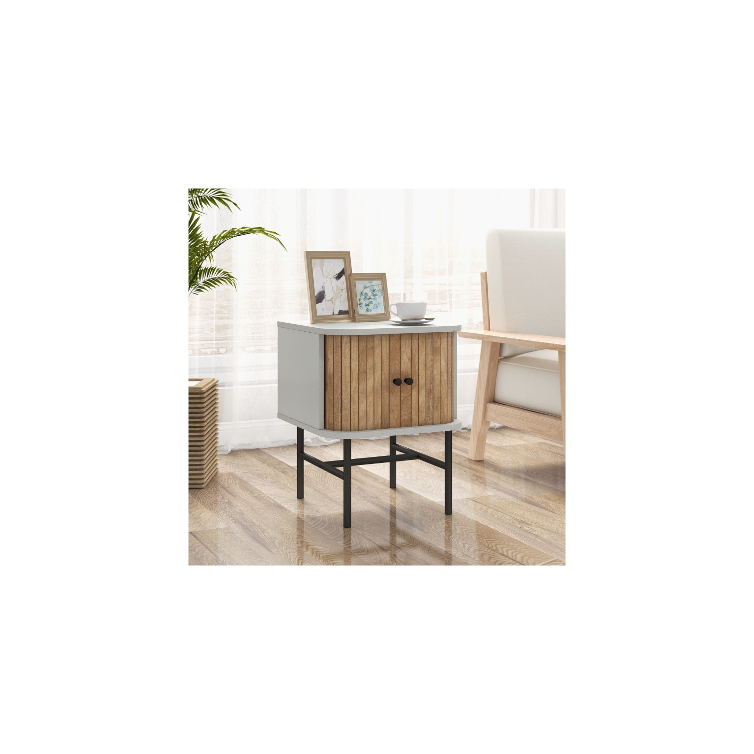 Table de chevet mi-siècle avec portes coulissantes et armoire de rangement pour chambre à coucher