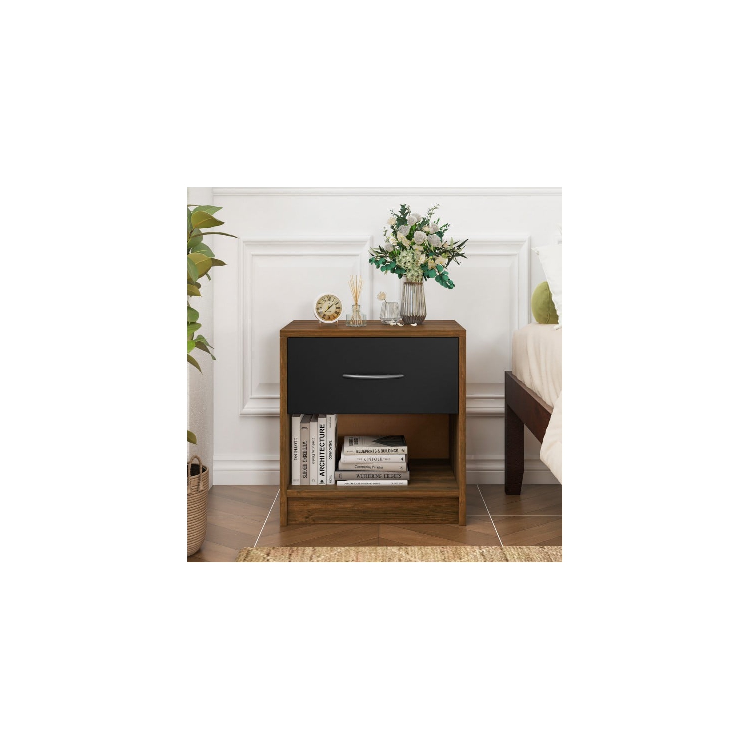 Table de chevet moderne avec tiroir et tablette ouverte – Table de chevet avec rangement pour les petits espaces