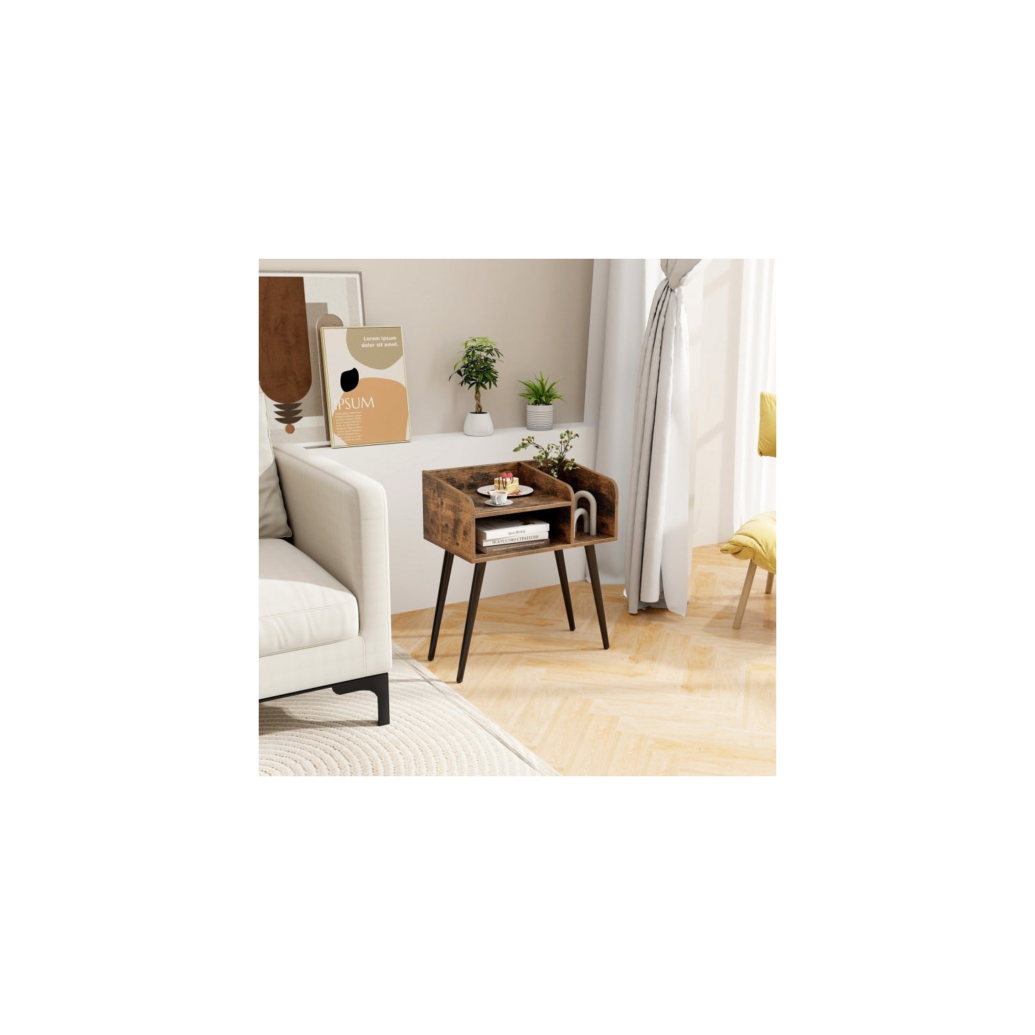 Table de bout de milieu de siècle avec tablettes de rangement – Table de chevet d'appoint pour chambre à coucher