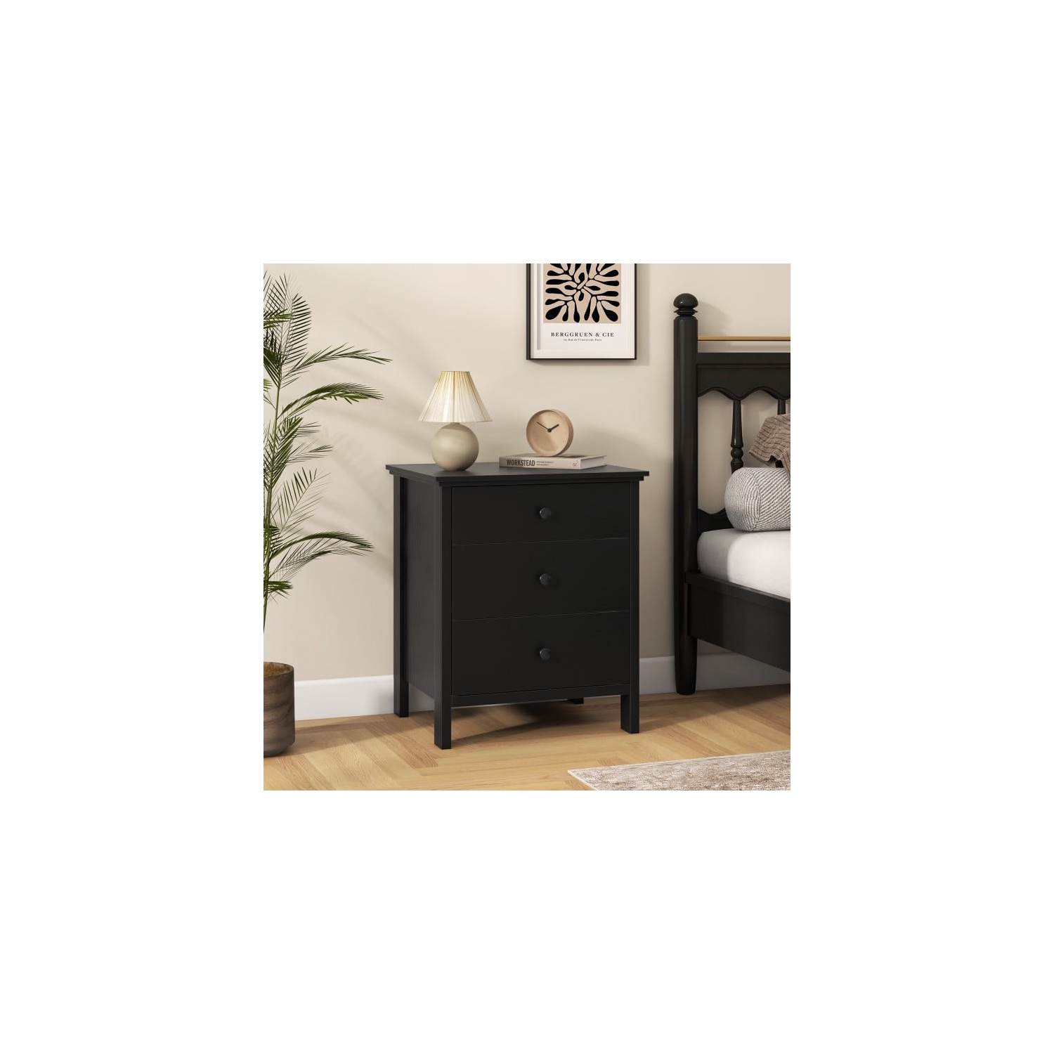 Table de chevet moderne en bois à 3 tiroirs - Noir