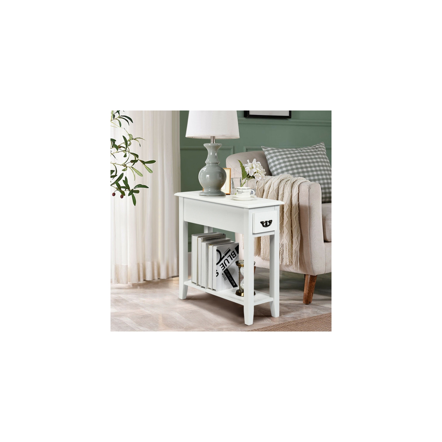 Table de chevet à 2 niveaux pour canapé d'appoint Table de chevet étroite - Blanc