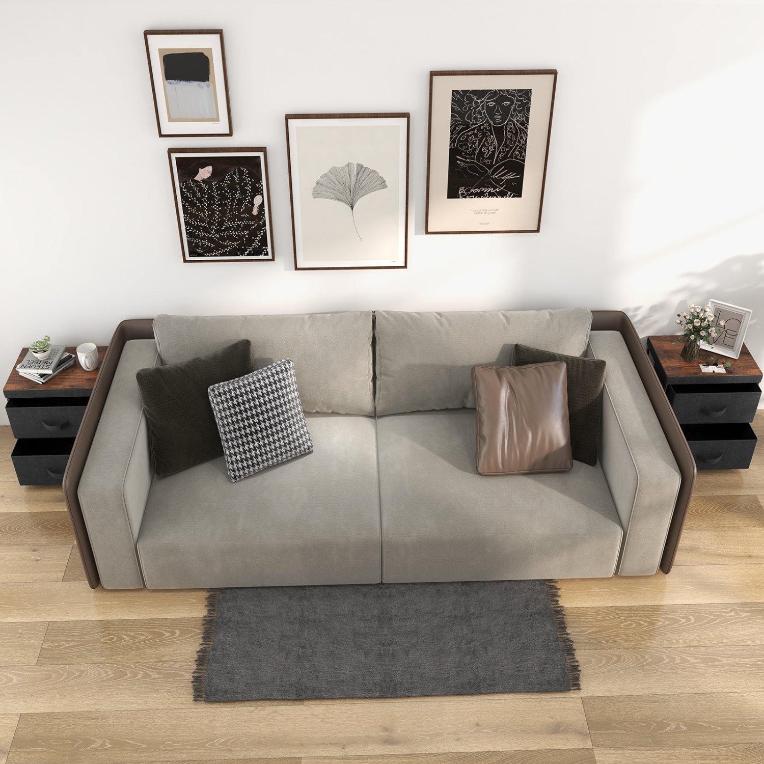 Ensemble de 2 tables de chevet avec bacs en tissu amovibles et tiroirs de rangement