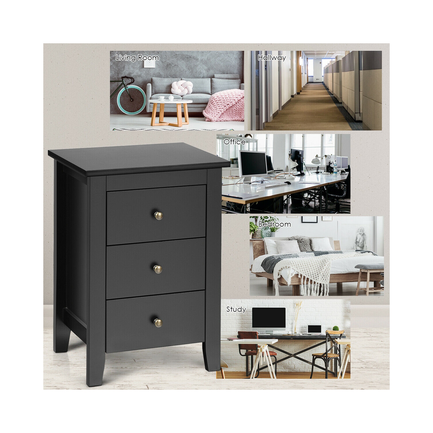 Armoire de chevet contemporaine – Table de chevet en bois avec 3 tiroirs