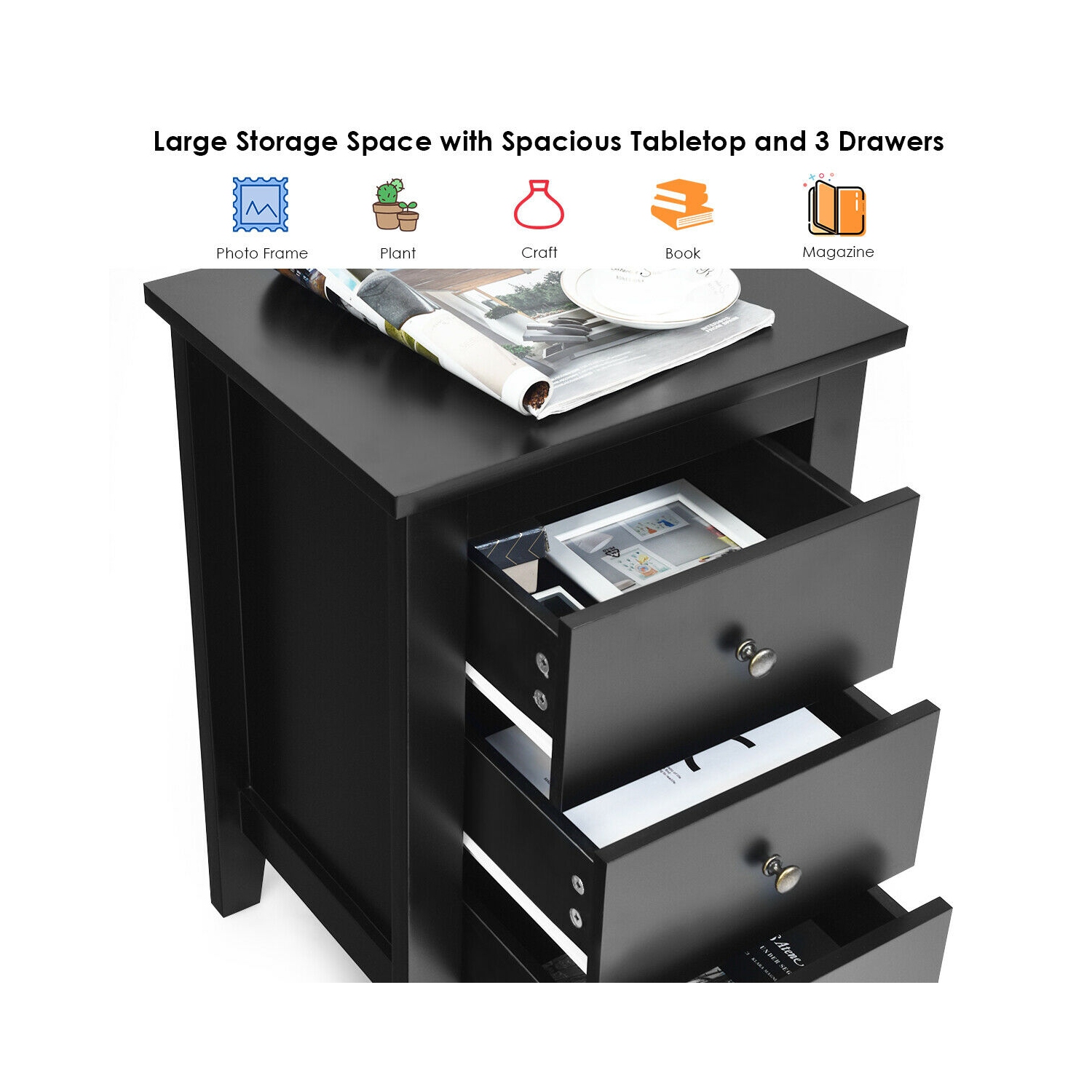 Armoire de chevet contemporaine – Table de chevet en bois avec 3 tiroirs