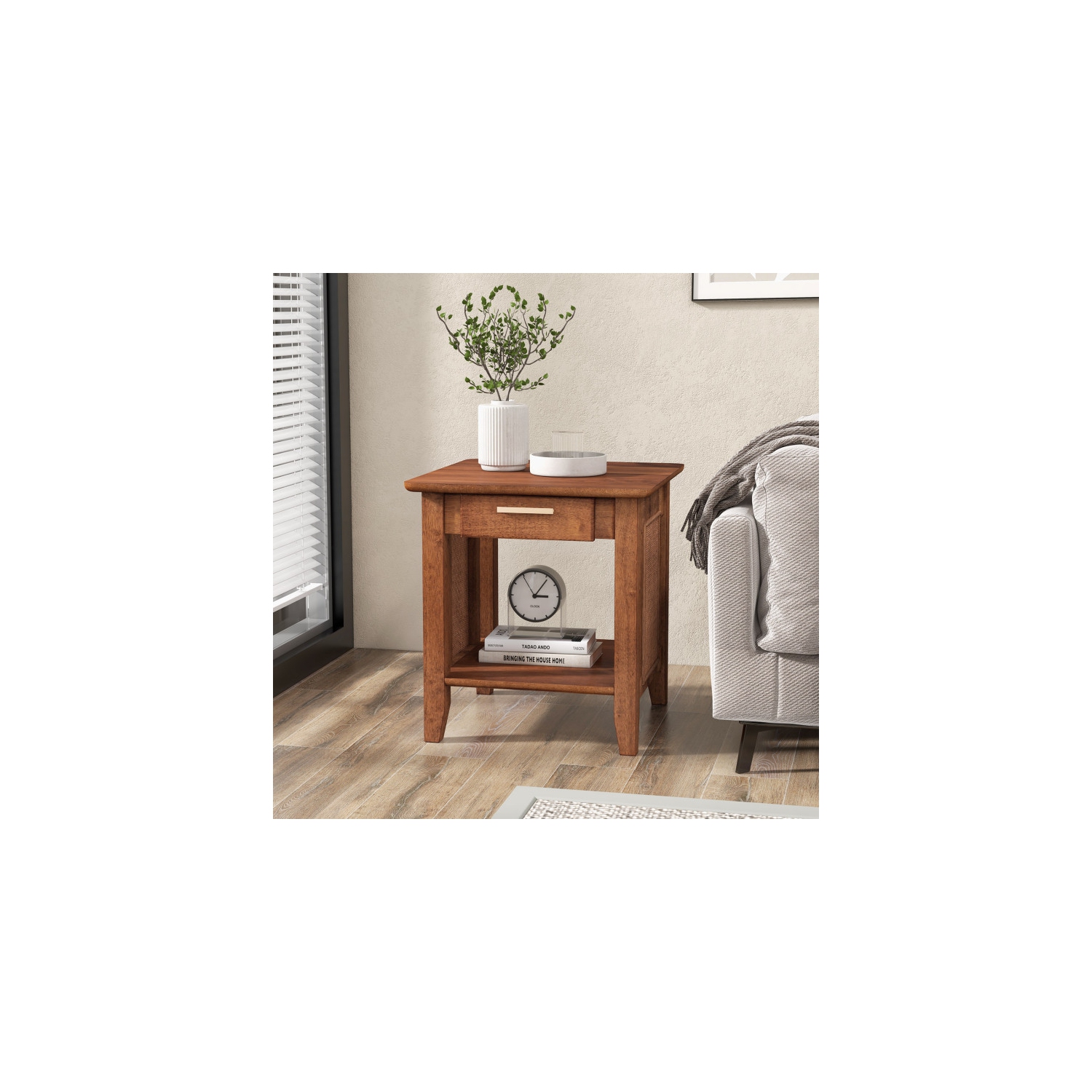 Table de chevet en rotin avec tiroir et tablette de rangement pour chambre ou salon