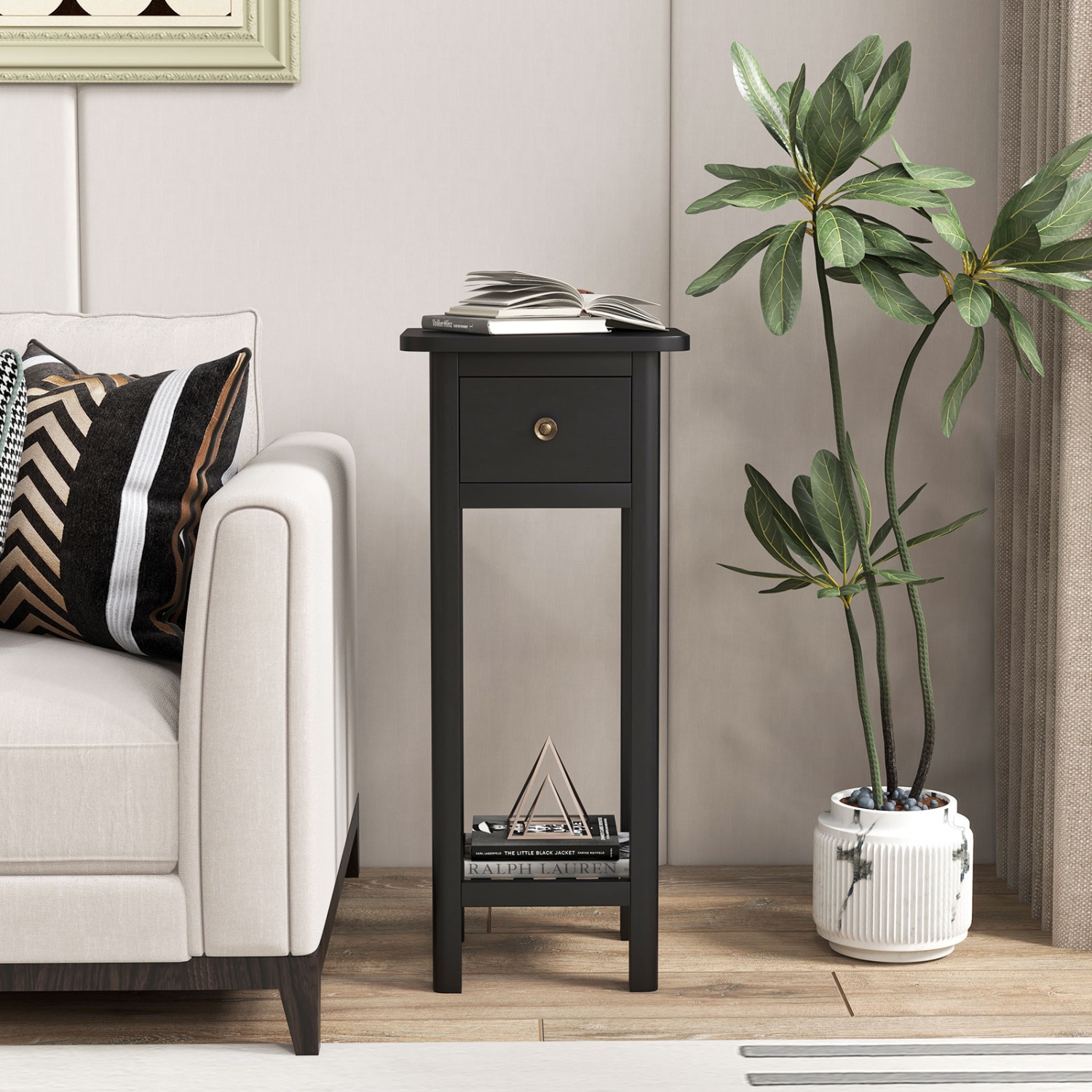 Table de chevet mince à 2 niveaux avec tablette de tiroir - Noir