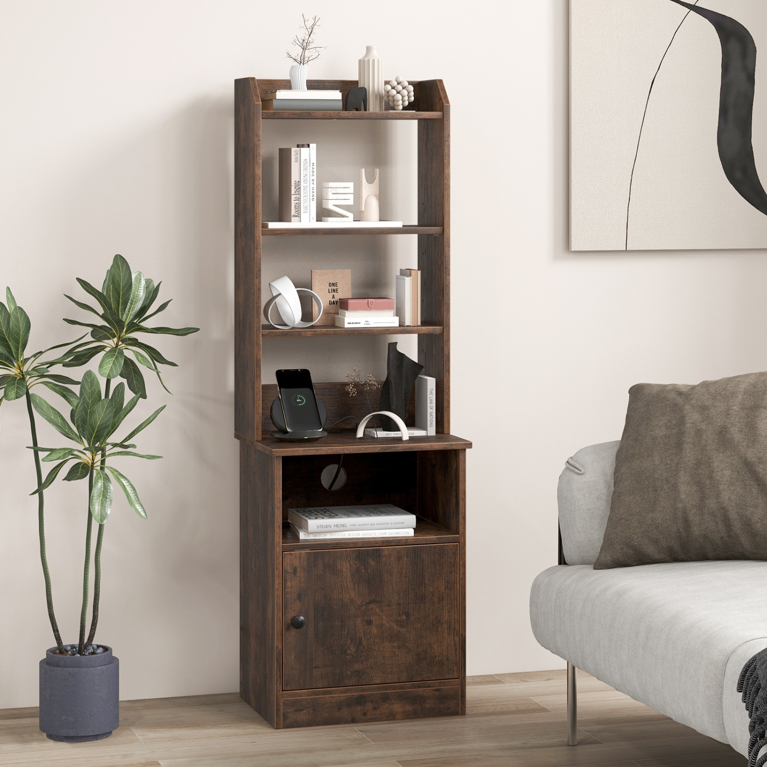 Grande table de chevet avec 5 tablettes ouvertes et armoire pour chambre ou salon