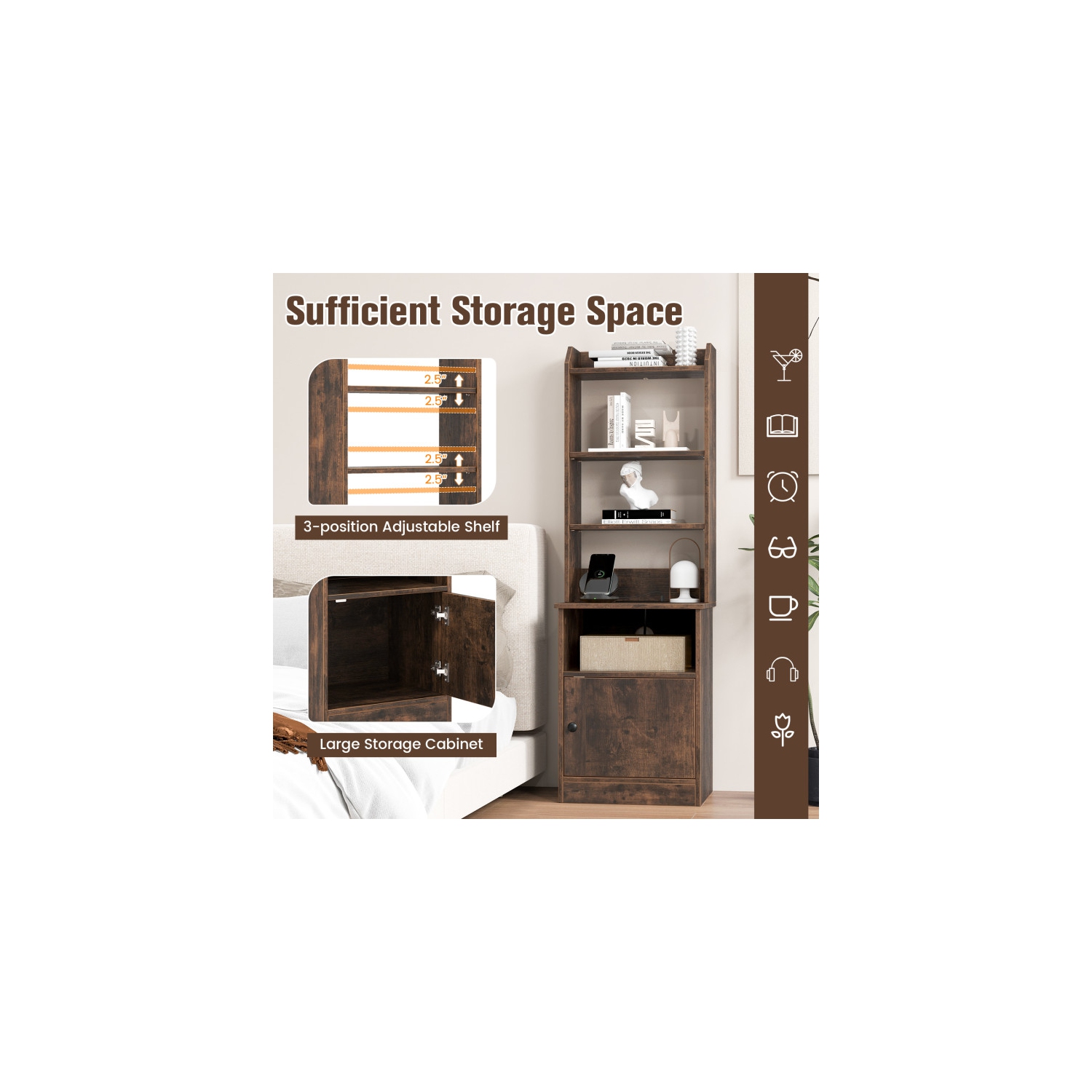 Grande table de chevet avec 5 tablettes ouvertes et armoire pour chambre ou salon