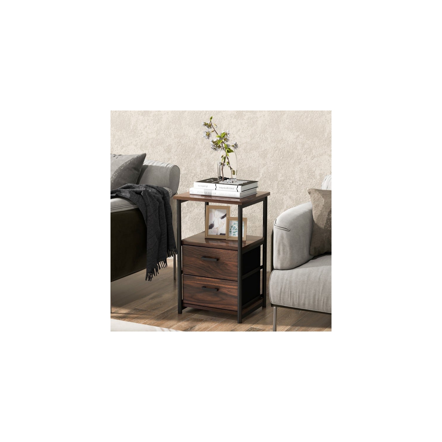 Table de chevet rétro à 3 niveaux avec 2 tiroirs amovibles en tissu et tablette de rangement ouverte