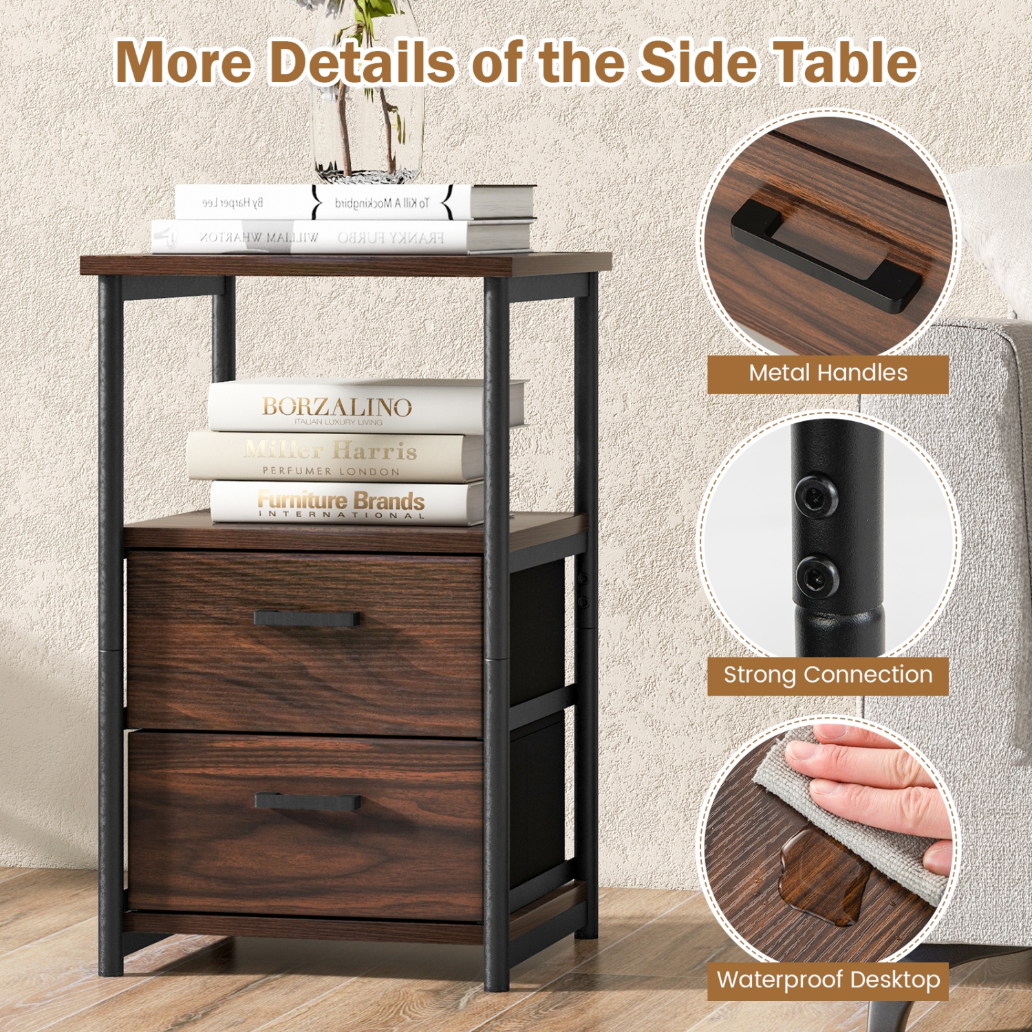 Table de chevet rétro à 3 niveaux avec 2 tiroirs amovibles en tissu et tablette de rangement ouverte