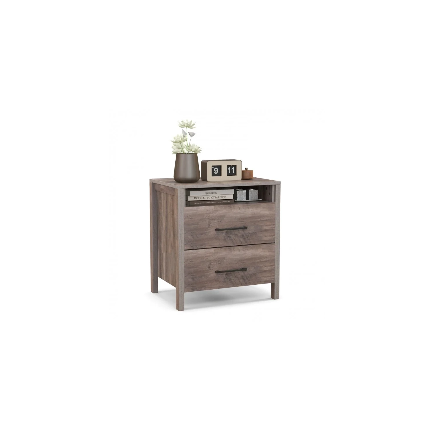 Table de chevet de style champêtre – Table de chevet à 2 tiroirs avec tablette ouverte pour rangement dans la chambre à coucher