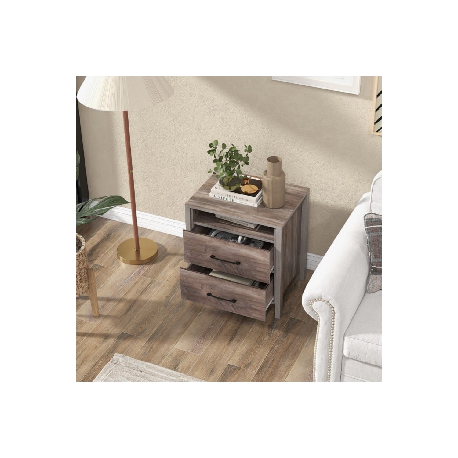 Table de chevet de style champêtre – Table de chevet à 2 tiroirs avec tablette ouverte pour rangement dans la chambre à coucher