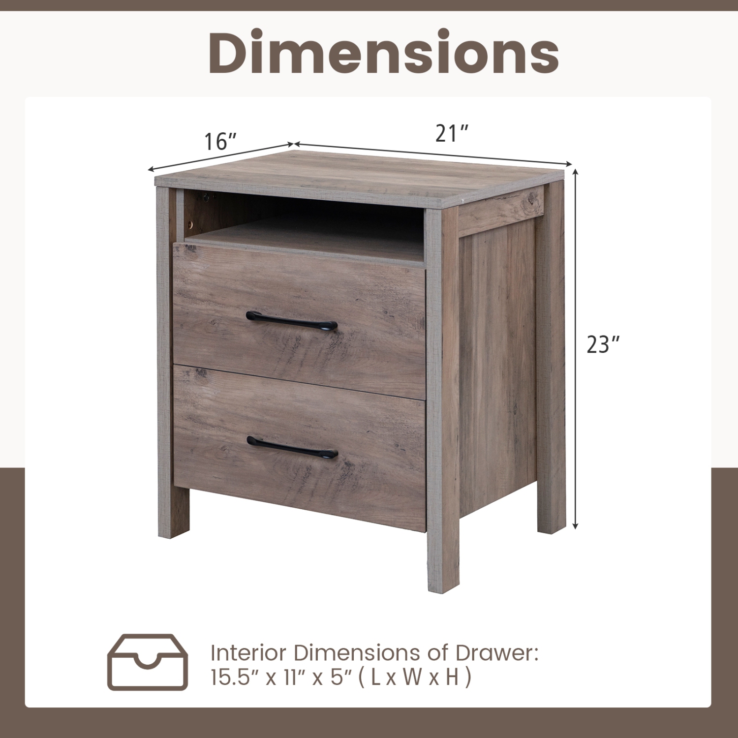Table de chevet de style champêtre – Table de chevet à 2 tiroirs avec tablette ouverte pour rangement dans la chambre à coucher