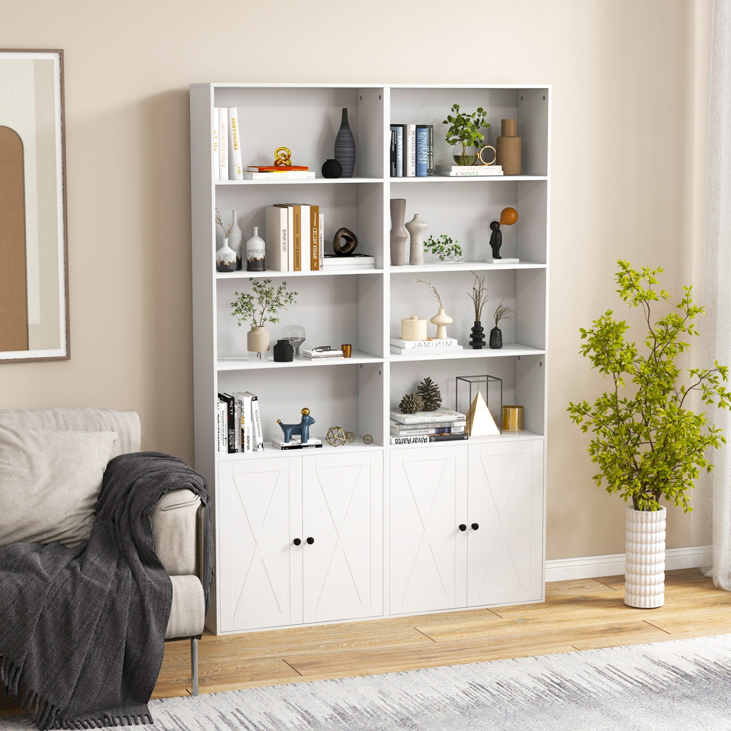 Bibliothèque autonome à 6 tablettes avec armoire à 2 portes, rangement pour livres et décorations