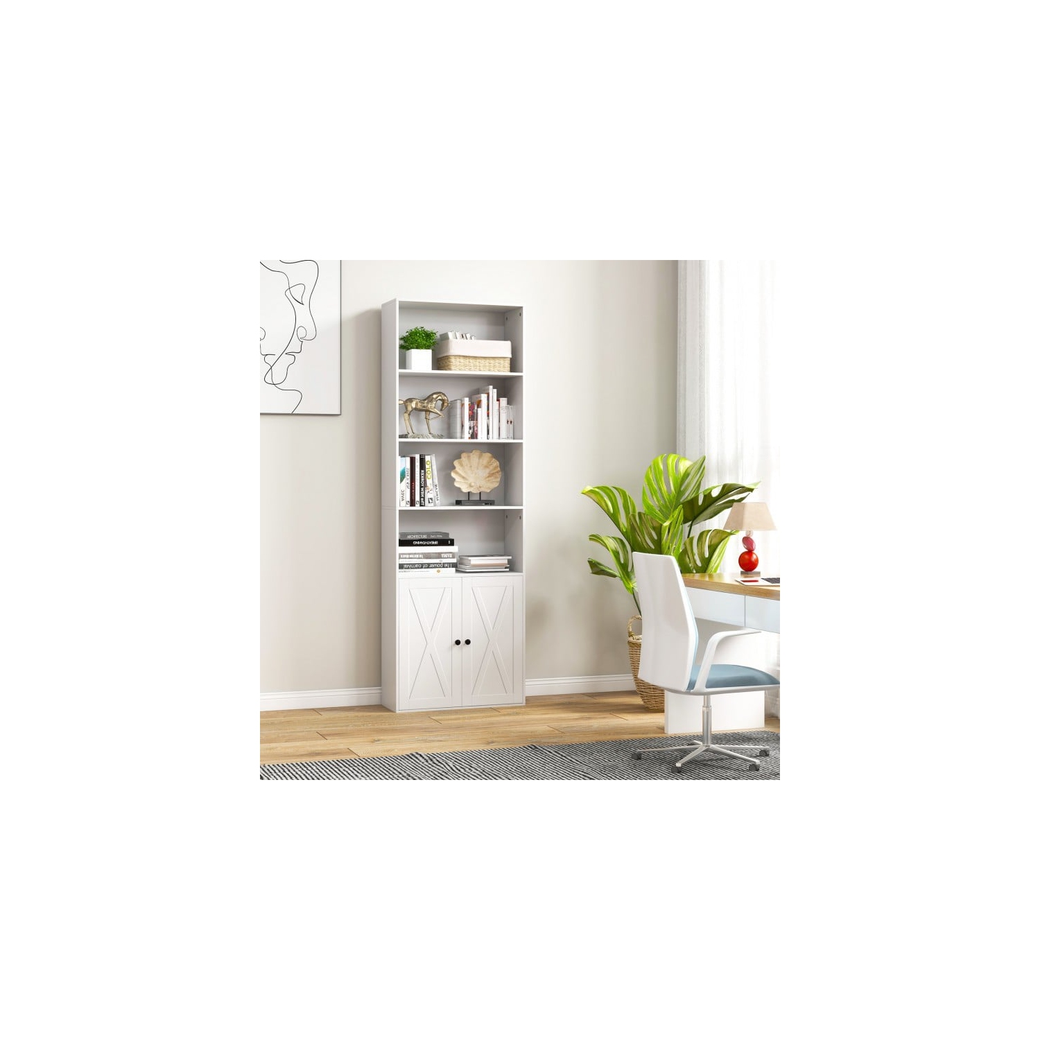 Bibliothèque autonome à 6 tablettes avec armoire à 2 portes, rangement pour livres et décorations