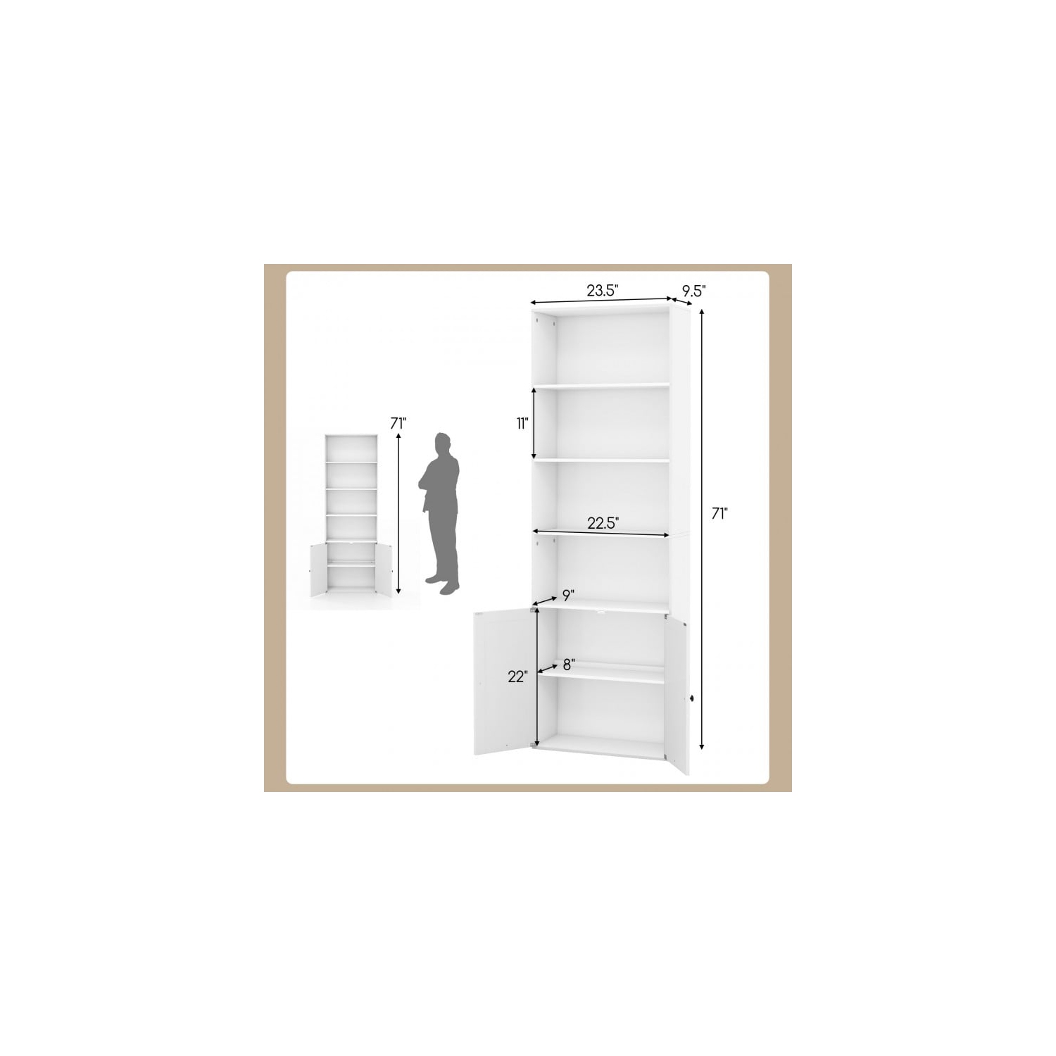 Bibliothèque autonome à 6 tablettes avec armoire à 2 portes, rangement pour livres et décorations