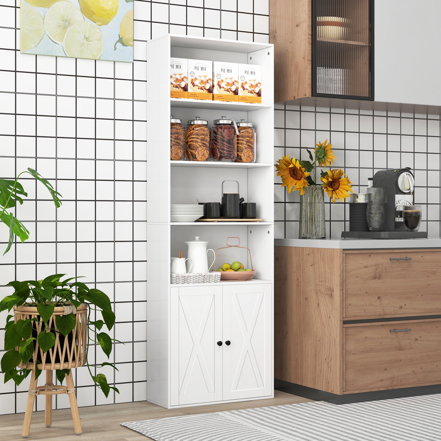 Bibliothèque autonome à 6 tablettes avec armoire à 2 portes, rangement pour livres et décorations